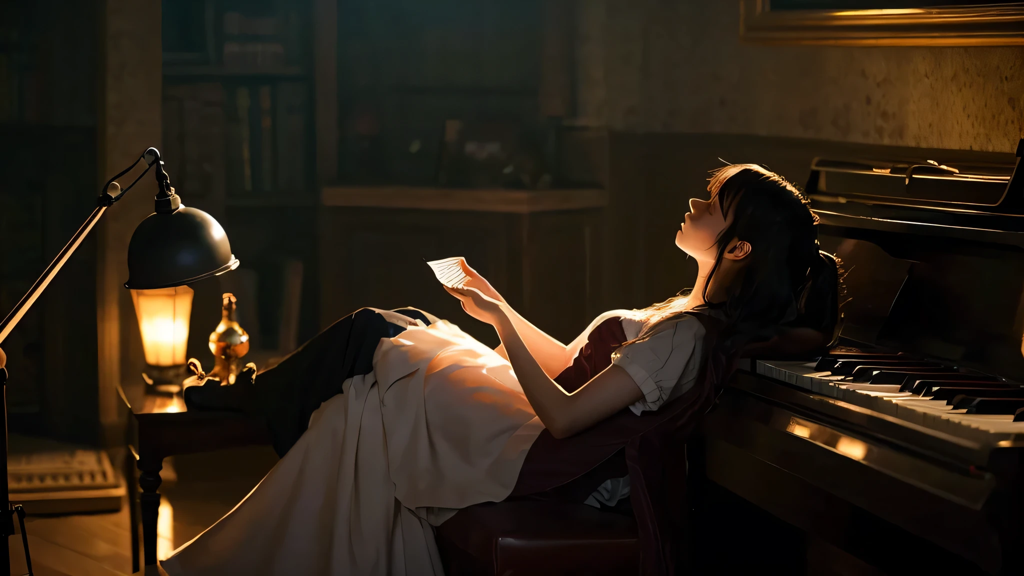 Anime image of a woman playing a lullaby on the piano in a dark and quiet place