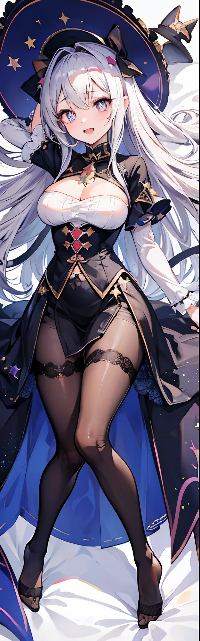 masterpiece, best quality,ultra detailed,
anime moe art style,ultra detailed face,
ultra detailed eyes,beautiful eyes,
full body,dakimakura illumination,
1girl,,rori,small girl,open mouth,
messy curly ravishing silver super long hair,
big eyes wide open with (star-shaped pupils:1.6),
huge large breasts silhouette,frilled impossible clothes,
blouse,skirt,pantyhose,witch-hat,
((shiny idol smile)),