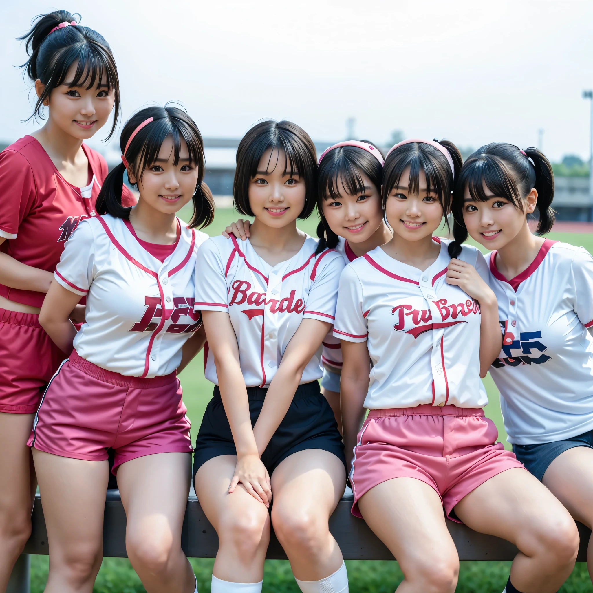 (8K、Raw photography、highest quality、masterpiece:1.2),(black hair:1.5),(Mr..々hairstyle、very short hair、bob cut、twin tails、ponytail:1.5)、show viewer,Looking at the front,(wearing a pink baseball uniform:1.5)、(Clothing that emphasizes the shape of your chest:1.4)、(big breasts :1.4)、slim body shape、ultra high resolution,beautiful,beautiful fece,(no background:1.9),whole bodyボディー,、(black eye、6 22 year old Japanese women: 1.4),(Photoreal:1.37)、photon mapping,reality、(All of them are very beautiful and have cute faces.: 1.4)、(cute smile: 1.7)、(With a round face: 1.9)、radio city、Physically based rendering、depth of field rally background、photograph, (Too short shorts: 1.8)、(I can see your knees,Close thighs:1.6),(whole body)、super fine