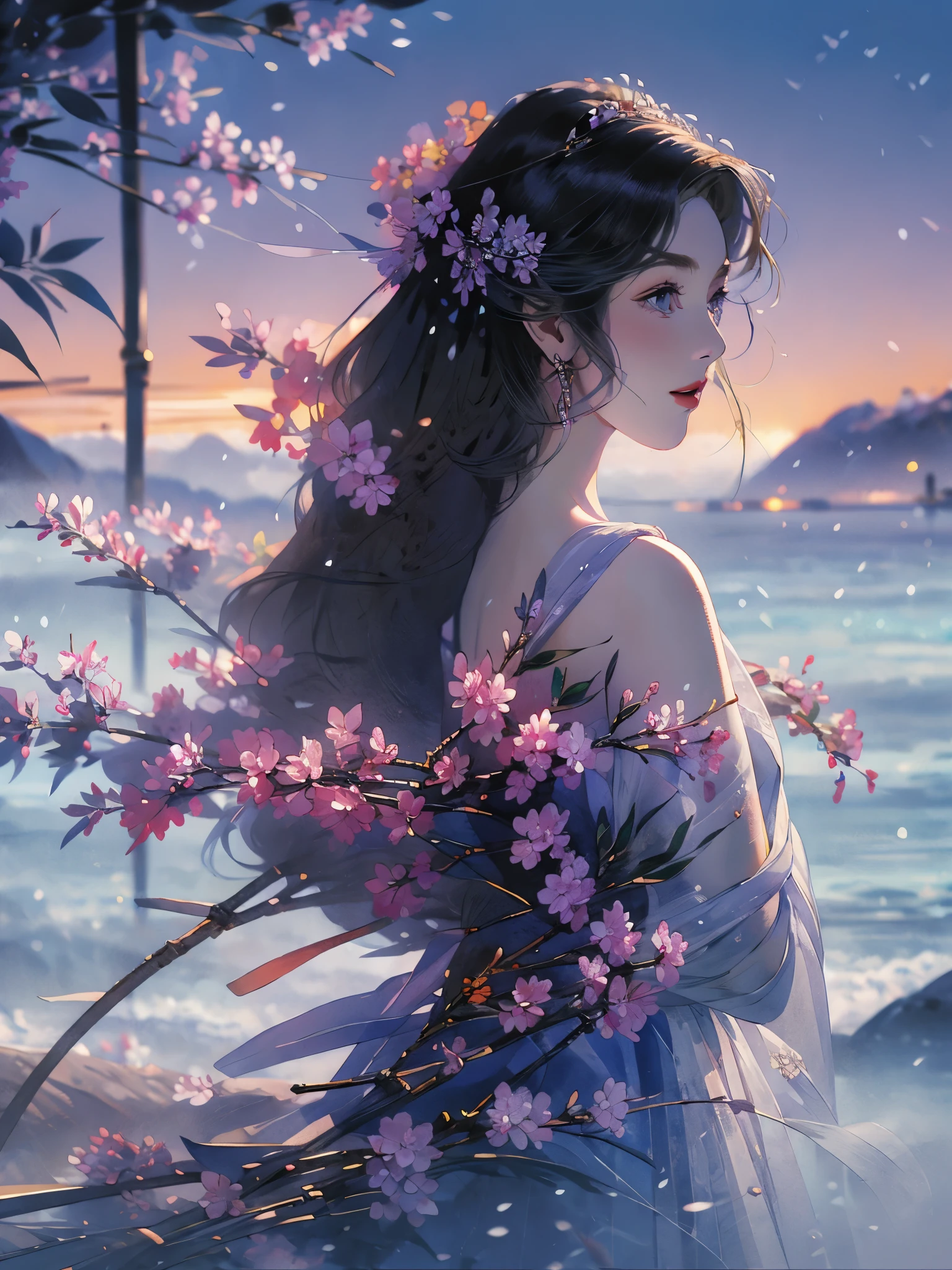 A woman in a blue dress standing next to a body of water - SeaArt AI