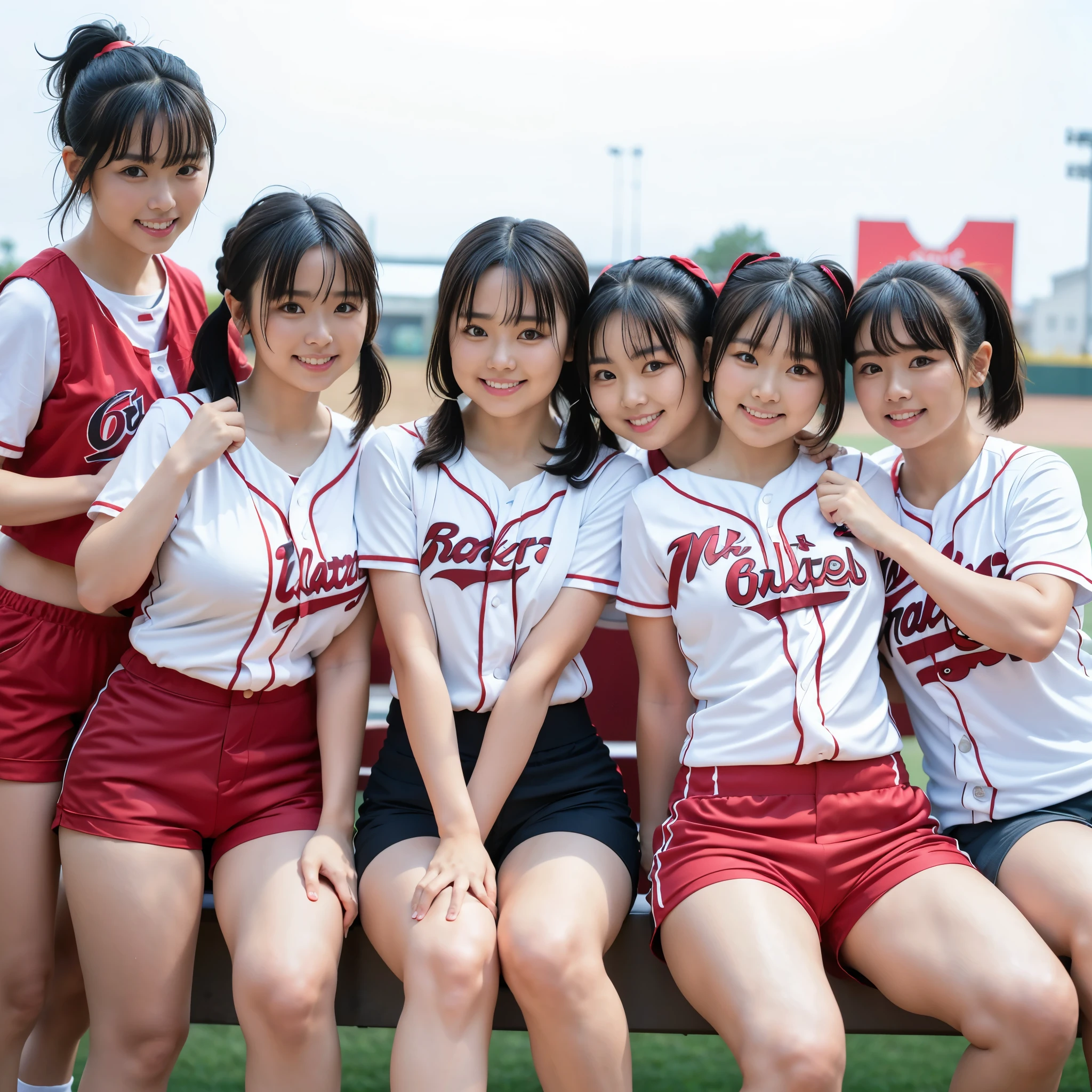 （8K、Raw photography、highest quality、masterpiece：1.2),(black hair:1.5),(Mr..々hairstyle、very short hair、bob cut、twin tails、ponytail:1.5)、show viewer,Looking at the front,(Wearing a baseball uniform:1.6)、(Clothing that emphasizes the shape of your chest:1.4)、(big breasts :1.4)、slim body shape、ultra high resolution,beautiful,beautiful fece,(no background:1.9),whole bodyボディー,、(black eye、6 22 year old Japanese women: 1.4),（Photoreal：1.37）、photon mapping,reality、(All of them are very beautiful and have cute faces.: 1.4)、(cute smile: 1.7)、(With a round face: 1.9)、radio city、Physically based rendering、depth of field rally background、photograph, (Too short shorts: 1.8)、(I can see your knees,Close thighs:1.6),(whole body)、super fine