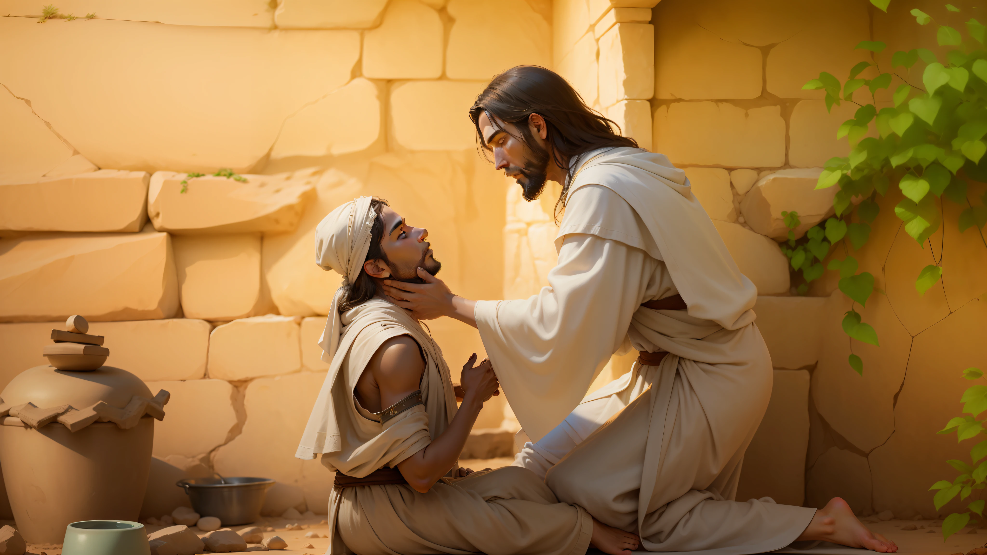 Jesus healing a blind man who is kneeling on the ground with his face toward Jesus' hand