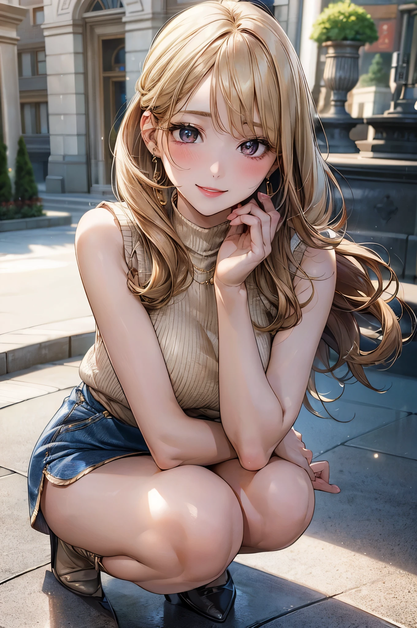 (masterpiece:1.2, top-quality), (realistic, photorealistic:1.4), beautiful illustration, (natural side lighting, movie lighting),
looking at viewer, full body, 1 girl, japanese, 20 years old, perfect face, perfect body, cute and symmetrical face, shiny skin, babyface, bare arms,
(long hair, wavy hair, sideburns, hair intakes, blond hair), swept bangs, gold eyes, big eyes, (medium breasts, seductive thighs), puffy nipple, ,
beautiful hair, beautiful face, beautiful detailed eyes, beautiful clavicle, beautiful body, beautiful chest, beautiful thigh, beautiful legs, beautiful fingers,
((symmetrical clothing, beige turtleneck sleeveless knit, denim mini skirt), , necklace, earring), high heel,
(beautiful scenery), evening, (city street), squatting, emphasis on the buttocks, (lovely smile, upper eyes),