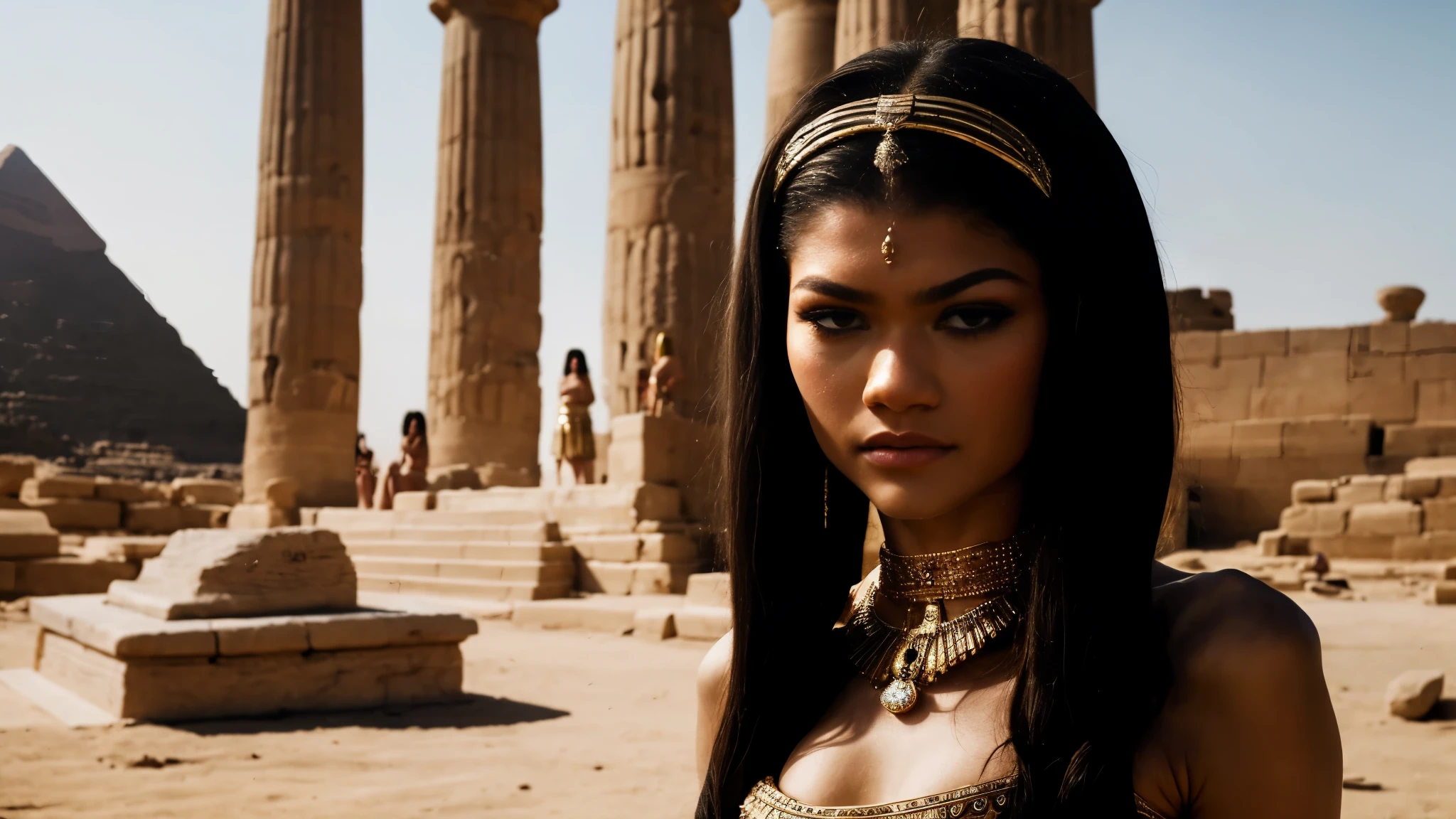 zendaya portrayed as Cleopatra praying at an Egyptian sacrificial altar, daylight phophotorealistic portrait, dramatic, cinematic, overcast, 4k resoltion, hyperdetailed, dramatic scene