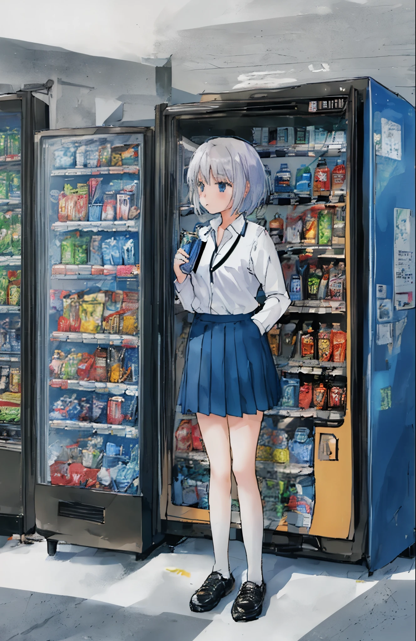 Contributor: tsvbvra, 1 girl, vending machine, skirt, shoes, alone, shirt, Are standing, holding, can, pleated skirt, Bottle, short hair