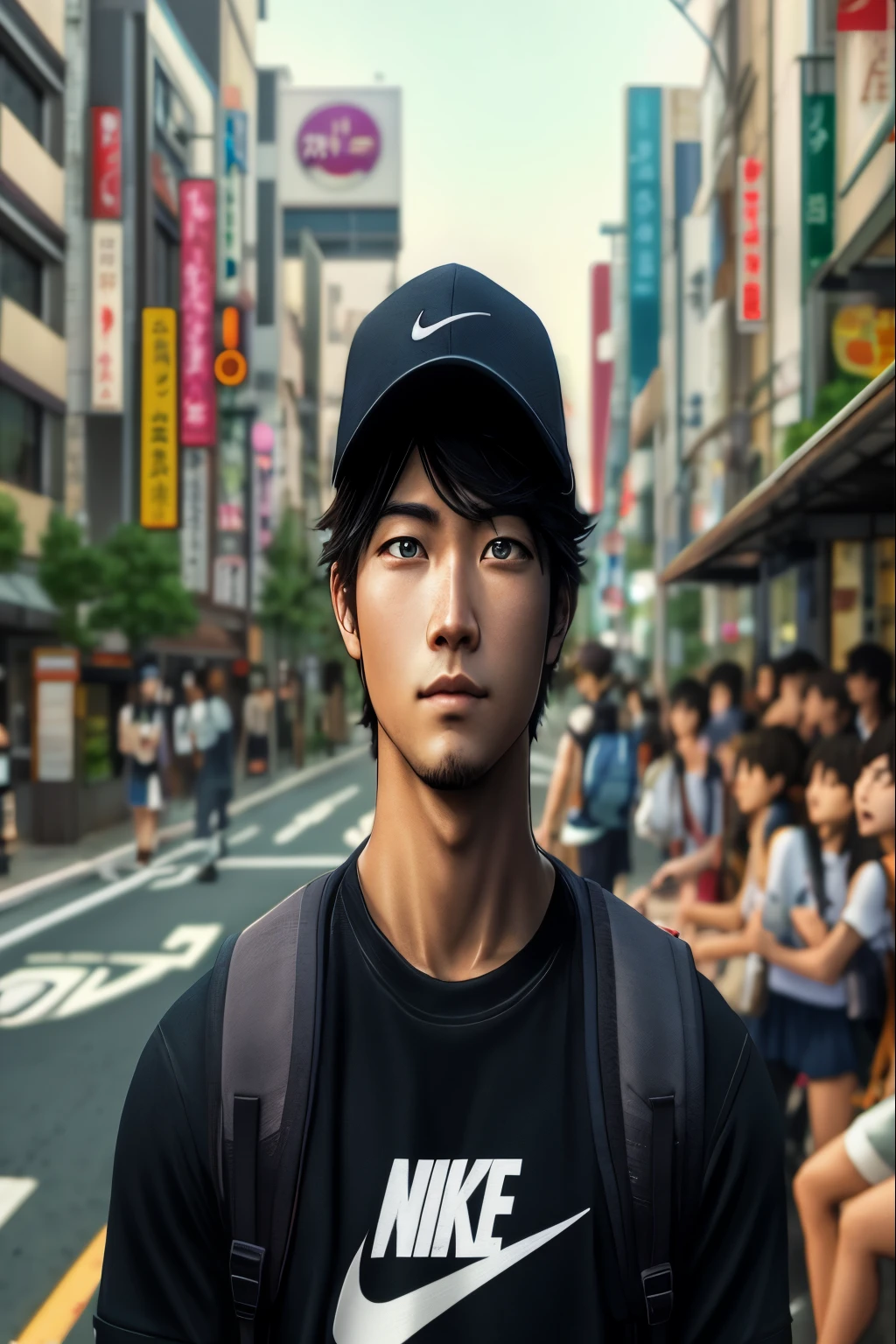 there is a man with a backpack standing in the middle of a street, realistic anime 3 d style, hyper realistic anime, akihiko yoshida. unreal engine, 3 d anime realistic, photorealistic anime, photorealistic human goku, anime realism style, anime realism, portrait of a japanese , anime style. 8k, anime style mixed with fujifilm