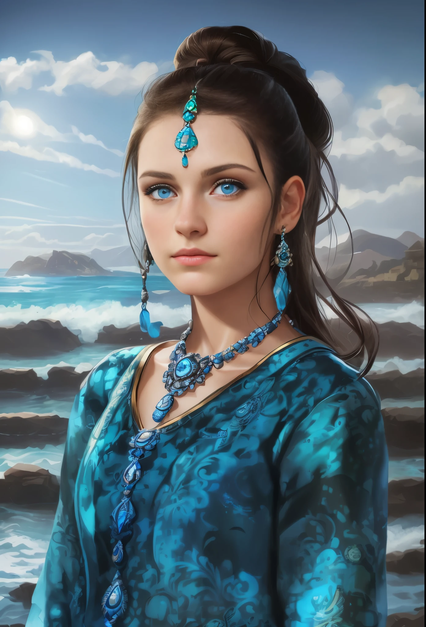 High resolution, brunette girl, 15 years old, bright blue eyes, pattern of stones on her face along the forehead to the temples, Brunette, temples slightly shaved, long black hair pulled back in a ponytail, temples slightly shaved, dressed in a silk shirt and loose trousers, bright blue eyes, portrait, the sea in the background, seagulls, realism, fantasy