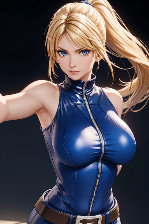 Sarah, blue eyes, long hair, blonde hair, high ponytail, bodysuit, Shoulders exposed, (arms exposed:1.2), (tight blue bodysuit:1.1), belt ,sleeveless, zipper, boots, high heels, earrings, fingerless gloves, BREAK masterpiece, 1 girl, RAW photo, (best quality:1.2), extremely delicate beautiful, very detailed, 2k wallpaper, amazing, fine details, extremely detailed CG Unity 8k wallpaper, super detailed, high resolution, (beautiful detailed girl:1.2), perfect anatomy, (shiny clothes:1.1), (smile:1.2), (large breasts:0.5), (upper body:1.4), (Realistic, Photorealistic:1.0), (thin nose:1.2), (breast focus:1.3), 20 year old, high nose bridge, (blue clothes:1.2), fighting pose, fighting arena,
