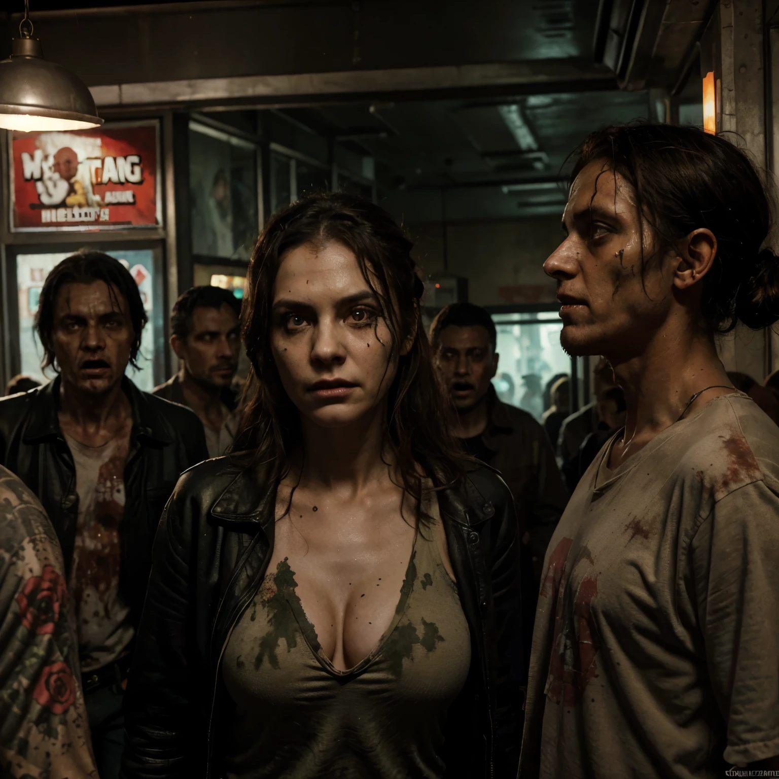 create a picture Hyperrealistic art zombies in a crowd of zombies, horde of zombies, horde of zombies, zombies everywhere, zombies, zombie ghouls, zombie, detailed art hidden in cores, 1990's diner full of zombies, zombies attack, 4k horror specific art, The Walking Dead. Highly detailed, Dan Mumford style artwork, Mark Brooks detailed, Sick, Undead. extremely high resolution details, photographic, extreme realism, fine texture, extremely realistic