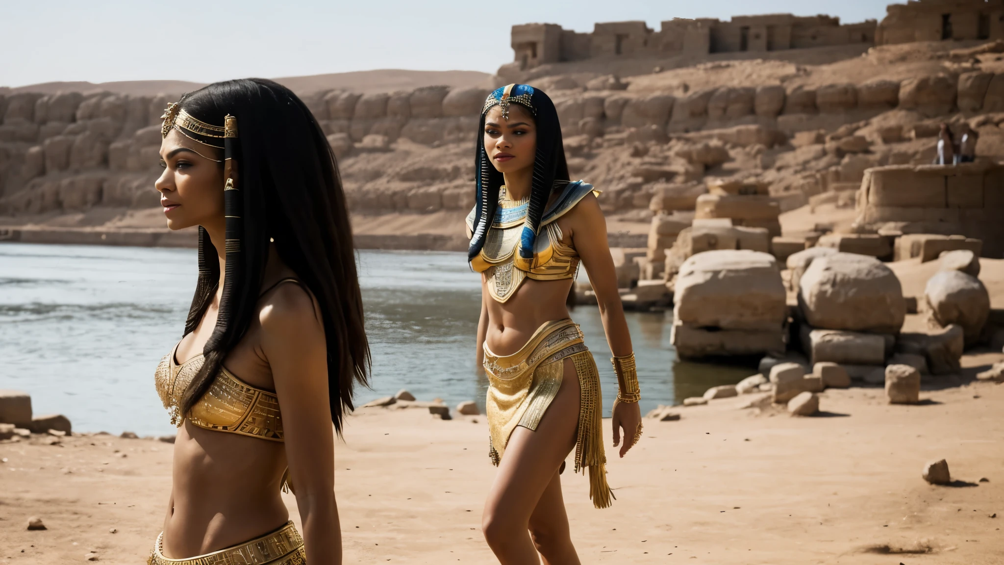 zendaya portrayed as Cleopatra walking the banks of the nile river in ancient egypt, daylight phophotorealistic portrait, dramatic, cinematic, full body, 4k resoltion, hyperdetailed, dramatic scene