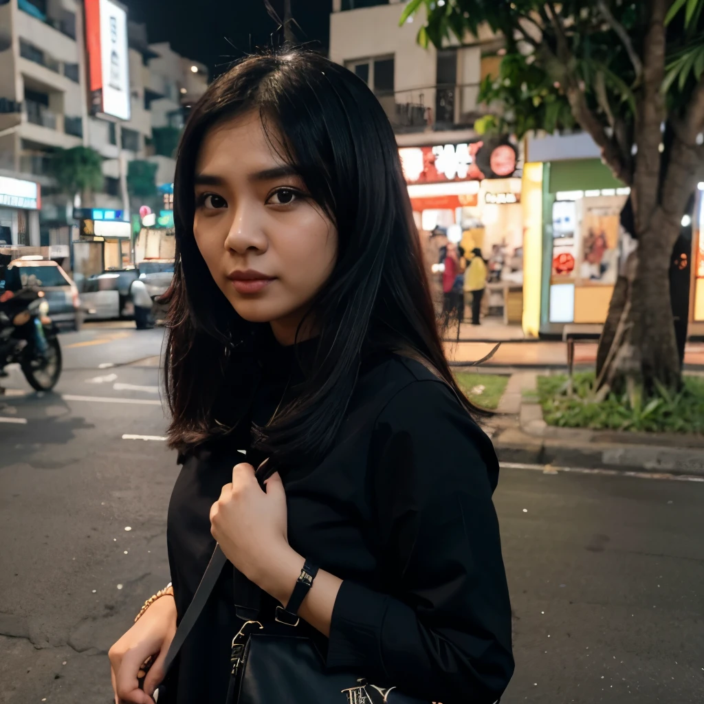 Seorang wanita asia umur 24 tahun cantik berambut pendek warna hitam wajahnya berkeringat,mengenakan jaket kulit hitam dengan rok mini,memegang payung,suasana hujan rintik rintik,background di jalan perkotaan dengan banyak orang beraktivitas dan kendaraan,subject fokus,ada tulisan felix31 di tengah foto dan di bawahnya ada tulisan design