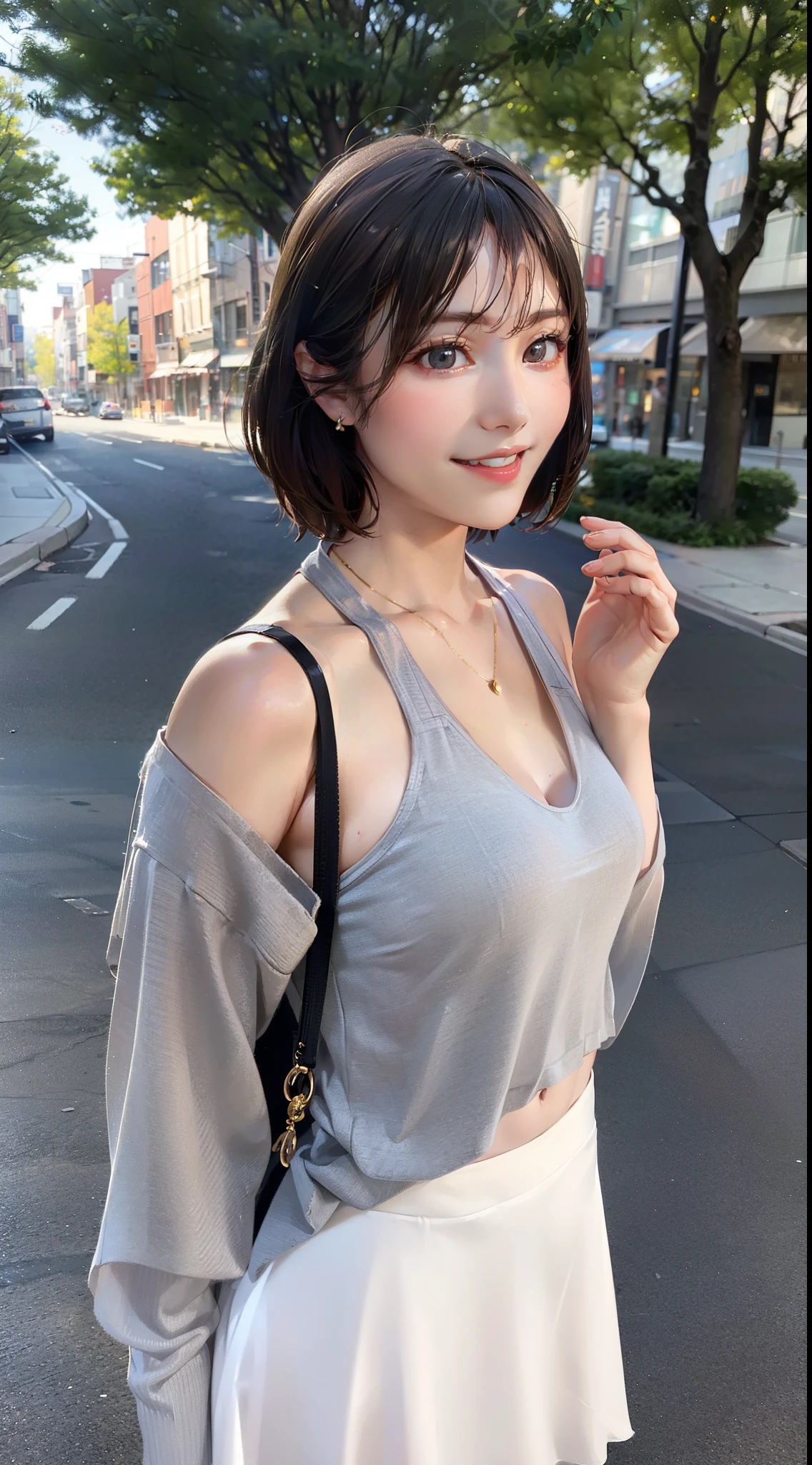 ((8K:1.27)、highest quality、masterpiece、ultra high resolution:1.2)photograph、photograph、japanese woman、elegant、neat、cute、shortcut、laughter、24-years-old、elegant、handsome face、gentle smile、Close up portrait of woman in grey jacket and white skirt, plain colors、with short hair, Grey halter top, halter top, halter neck, gray top, (super realistic pantyhose:1.3)、Omotesando、street tree、Morning cityscape、fashionable town、The morning sun is dazzling、small breasts、street tree、胸を強調したhalter top、angle from the side、hair blowing in the wind、tote bag、(full body shot:1.2),