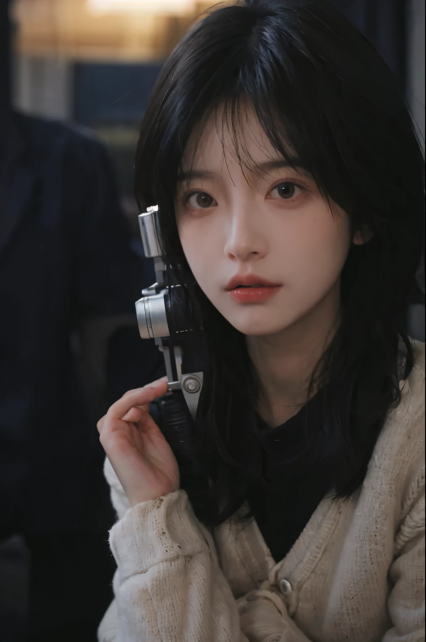 best quality， masterpiece， ultra high resolution， （realistically：1.5）， RAW photos， 1 girl， face camera， in the dark night， deep shadow， low pitch， cold light， sexy look， messy short hair