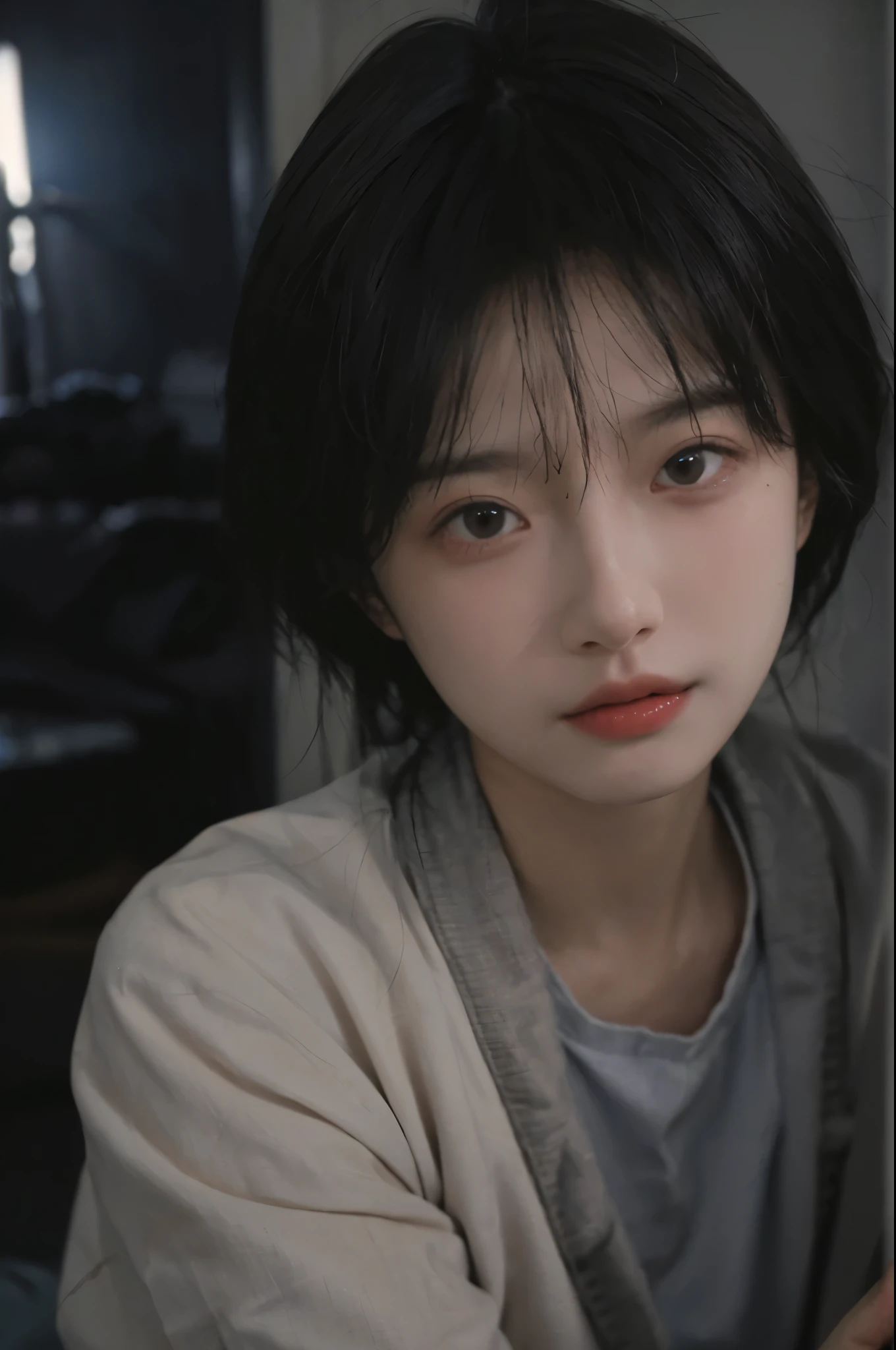 best quality， masterpiece， ultra high resolution， （realistically：1.5）， RAW photos， 1 girl， face camera， in the dark night， deep shadow， low pitch， cold light， sexy look， messy short hair