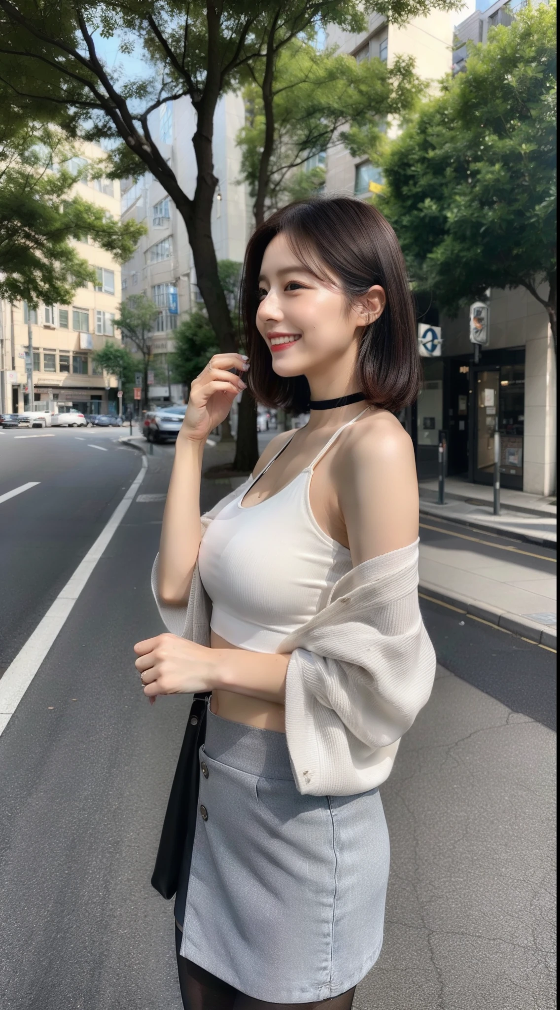 ((8K:1.27)、highest quality、masterpiece、ultra high resolution:1.2)photograph、photograph、japanese woman、elegant、neat、cute、shortcut、laughter、24-years-old、elegant、handsome face、gentle smile、Close up portrait of woman in grey jacket and white skirt, plain colors、with short hair, Grey halter top, halter top, halter neck, gray top, (super realistic pantyhose:1.3)、Omotesando、street tree、Morning cityscape、fashionable town、The morning sun is dazzling、small breasts、street tree、胸を強調したhalter top、angle from the side、hair blowing in the wind、tote bag、(full body shot:1.2),