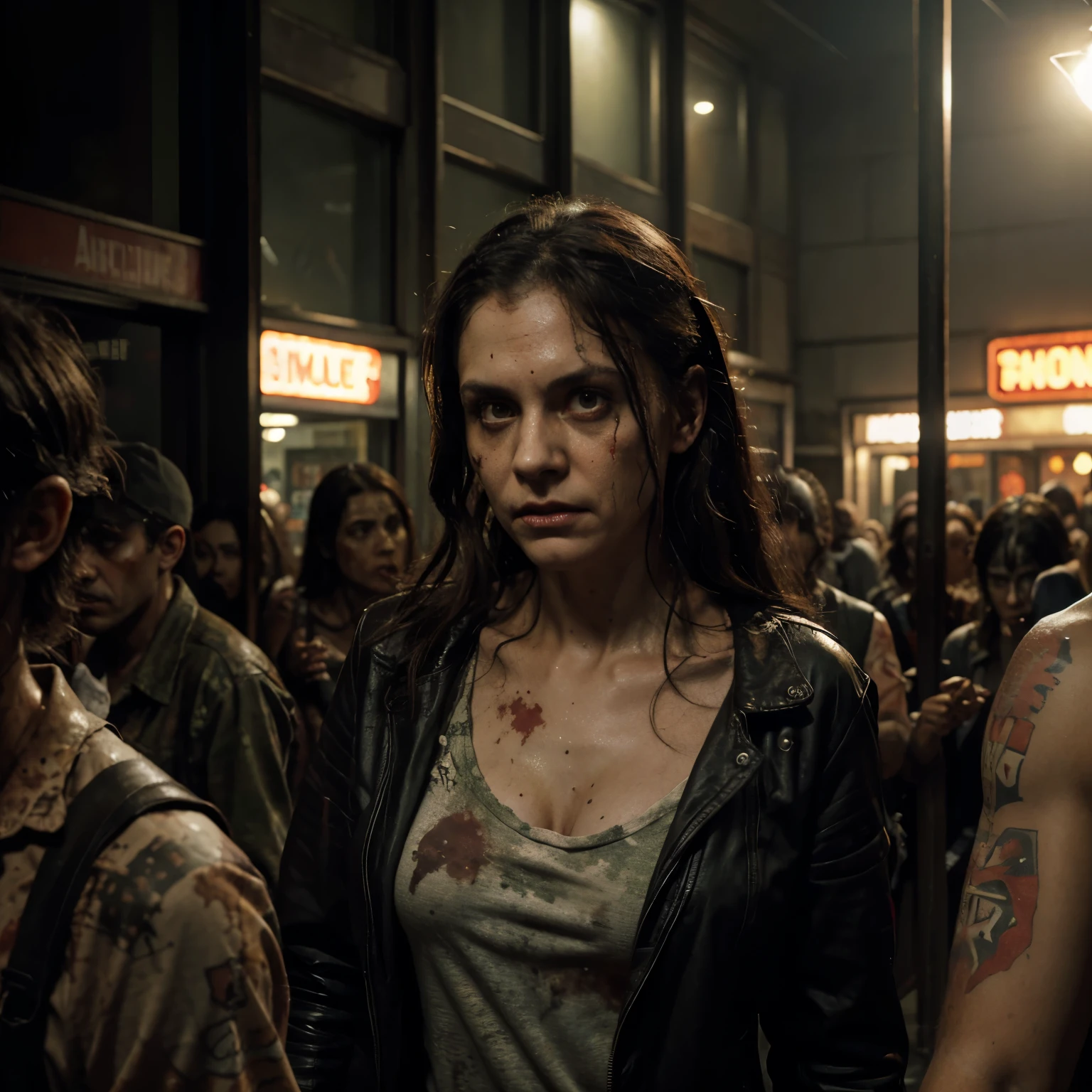 create a picture Hyperrealistic art zombies in a crowd of zombies, horde of zombies, horde of zombies, zombies everywhere, zombies, zombie ghouls, zombie, detailed art hidden in cores, 1990's diner full of zombies, zombies attack, 4k horror specific art, The Walking Dead. Highly detailed, Dan Mumford style artwork, Mark Brooks detailed, Sick, Undead. extremely high resolution details, photographic, extreme realism, fine texture, extremely realistic