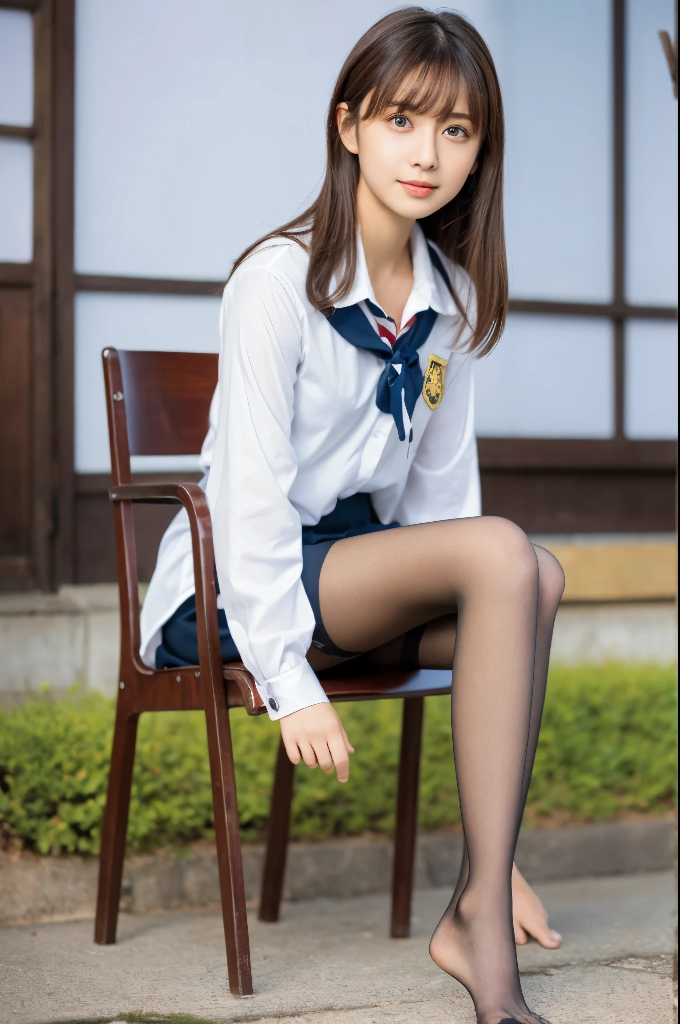 ulzzang -6500-v1.1, (Raw Photo:1.2), (Realistic Photo), Beautiful Girl with High Detail, (Realistic:1.4), Beautiful eyes and face with High Detail, Beautiful eyes with High Detail, Japanese school uniform, School uniform, (Ultra Realistic Pantyhose:1.2), Shoeless, Sitting on a chair, (Ultra Realistic pantyhose:1. 2), shoeless, toes, sitting on chair, big file size, high resolution, very detailed, best quality, [masterpiece:1. 6], illustration, very detailed, nffsw, detailed, best quality, 8k wallpaper, movie lighting, one girl, ************, perfect figure, cute droopy eyes, beautiful big eyes, eyes , (( masutepiece)), best quality, 1 girl, eyeshadow, ((FULL BODYSHOT:1.4)),.