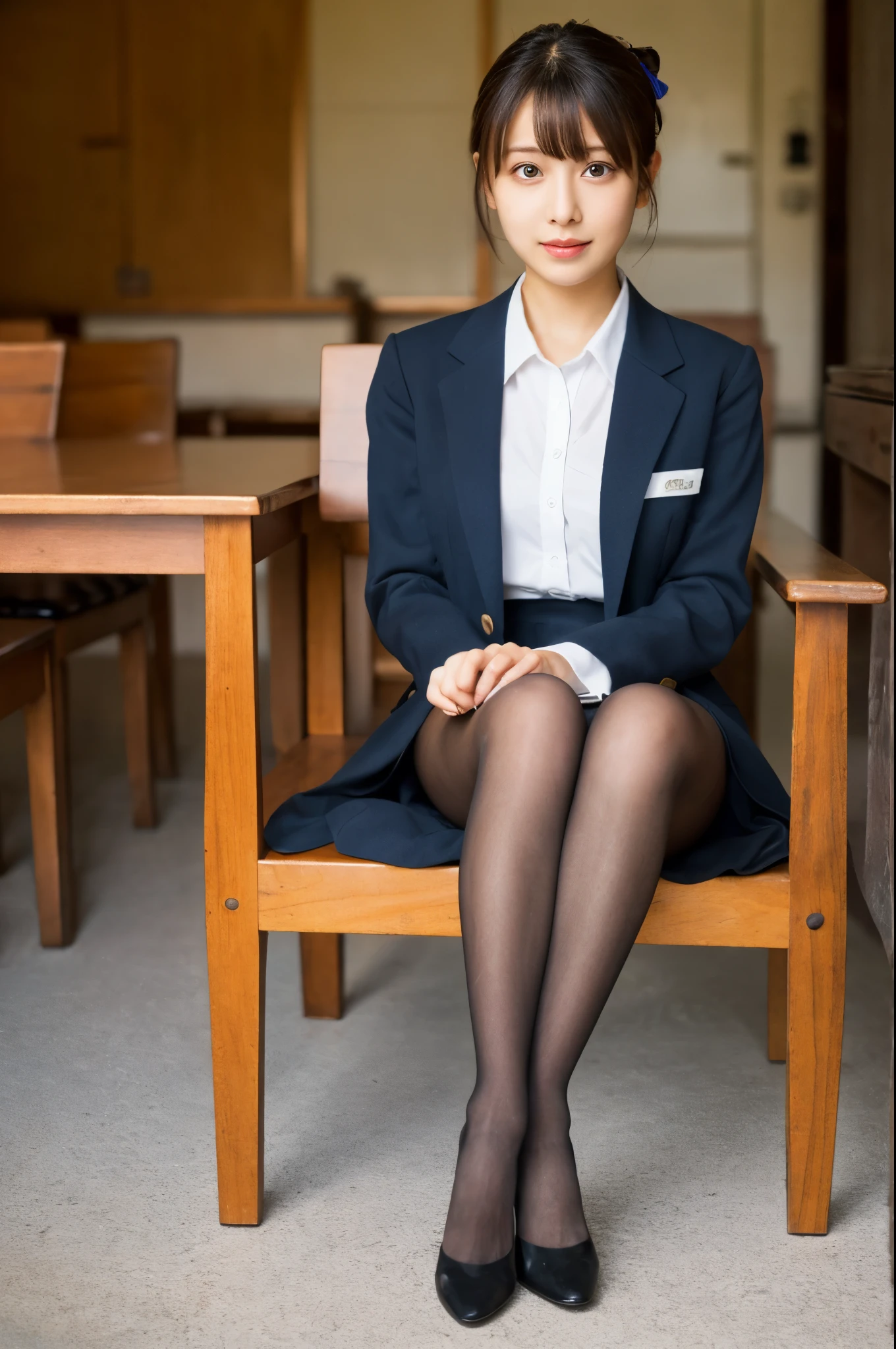 ulzzang -6500-v1.1, (Raw Photo:1.2), (Realistic Photo), Beautiful Girl with High Detail, (Realistic:1.4), Beautiful eyes and face with High Detail, Beautiful eyes with High Detail, Japanese school uniform, School uniform, (Ultra Realistic Pantyhose:1.2), Shoeless, Sitting on a chair, (Ultra Realistic pantyhose:1. 2), shoeless, toes, sitting on chair, big file size, high resolution, very detailed, best quality, [masterpiece:1. 6], illustration, very detailed, nffsw, detailed, best quality, 8k wallpaper, movie lighting, one girl, , perfect figure, cute droopy eyes, beautiful big eyes, eyes , (( masutepiece)), best quality, 1 girl, eyeshadow, ((FULL BODYSHOT:1.4)),.