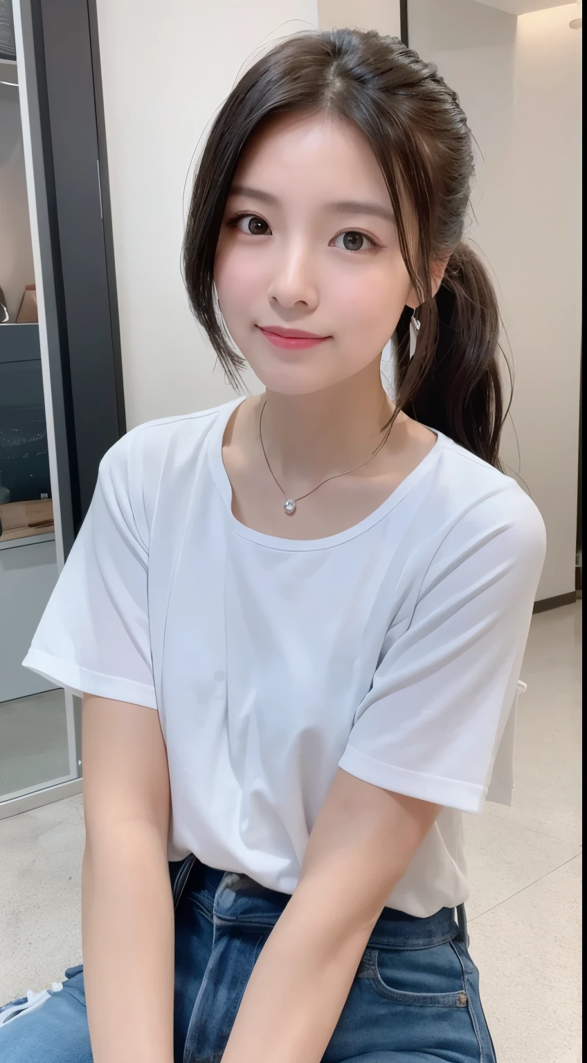 Lovely 20-year-old Chinese woman, leaning against the windowsill in a white sling shirt, the bustling landscape avenue outside the window, the woman with good facial features, looking at the camera sweet smile, little flying moon style, shiny / smooth, miwa Komatsu, webcam, realist: lifelike accuracy, Guercino, popular inspiration