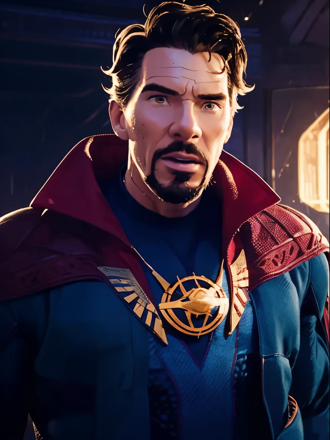 A dr. Strange, wearing a (((Doctor Strange costume))), cinematic, extreem realistic, extreem detailed, extreem Sharp, upper body shot. (natural skin texture, hyperrealism, soft light, sharp: 1.2), (intricate details: 1.12), hdr masterpiece, best quality, (highly detailed photo: 1.1), 8k, photorealistic, (SFW). ((Cosmic Background))