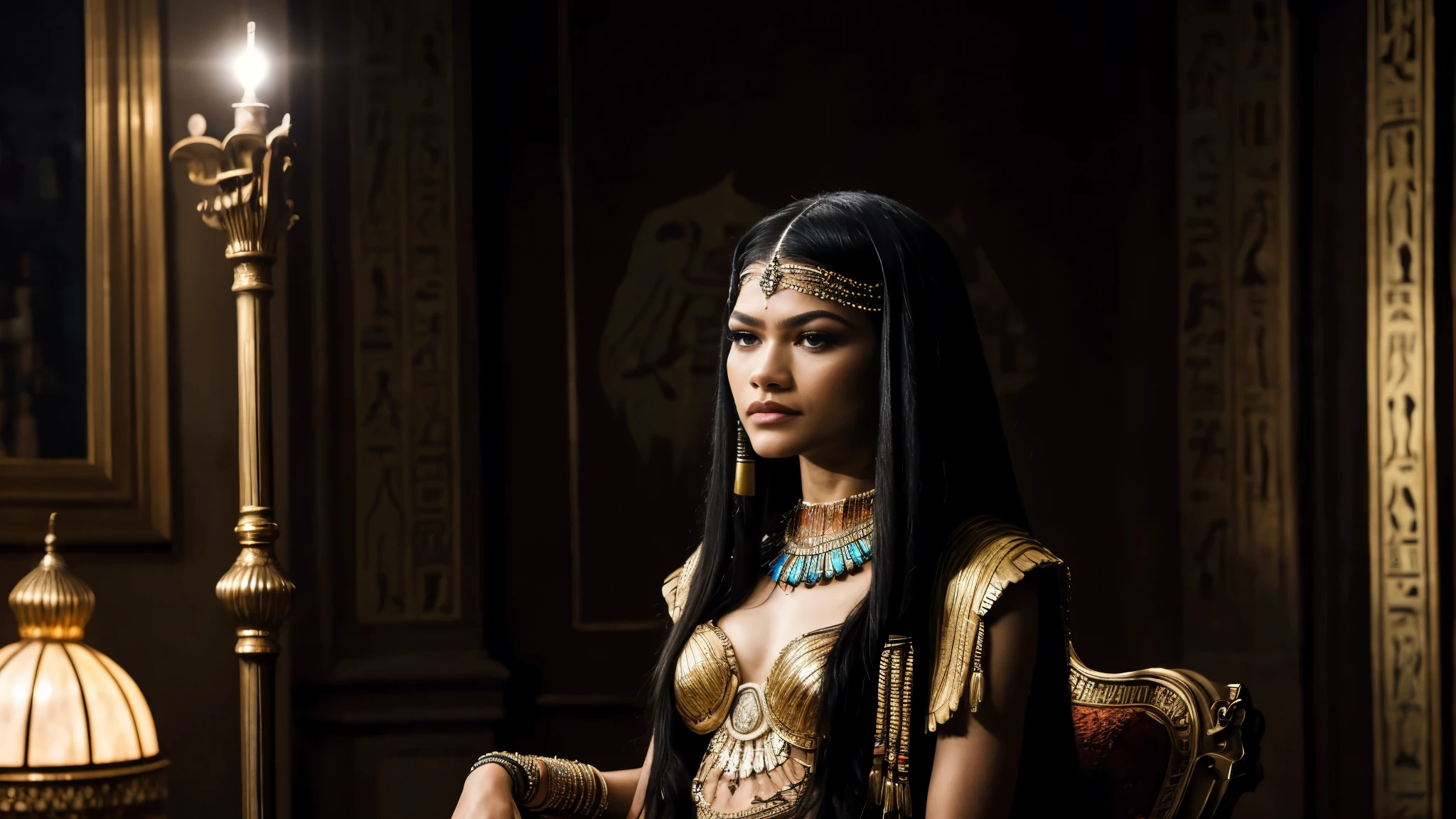 zendaya portrayed as Cleopatra, reding alone a papiro from the ancient egypt, sitting on a chair on her queen room, night light phophotorealistic portrait, dramatic, cinematic, overcast, 4k resoltion, hyperdetailed, dramatic scene, full body angle