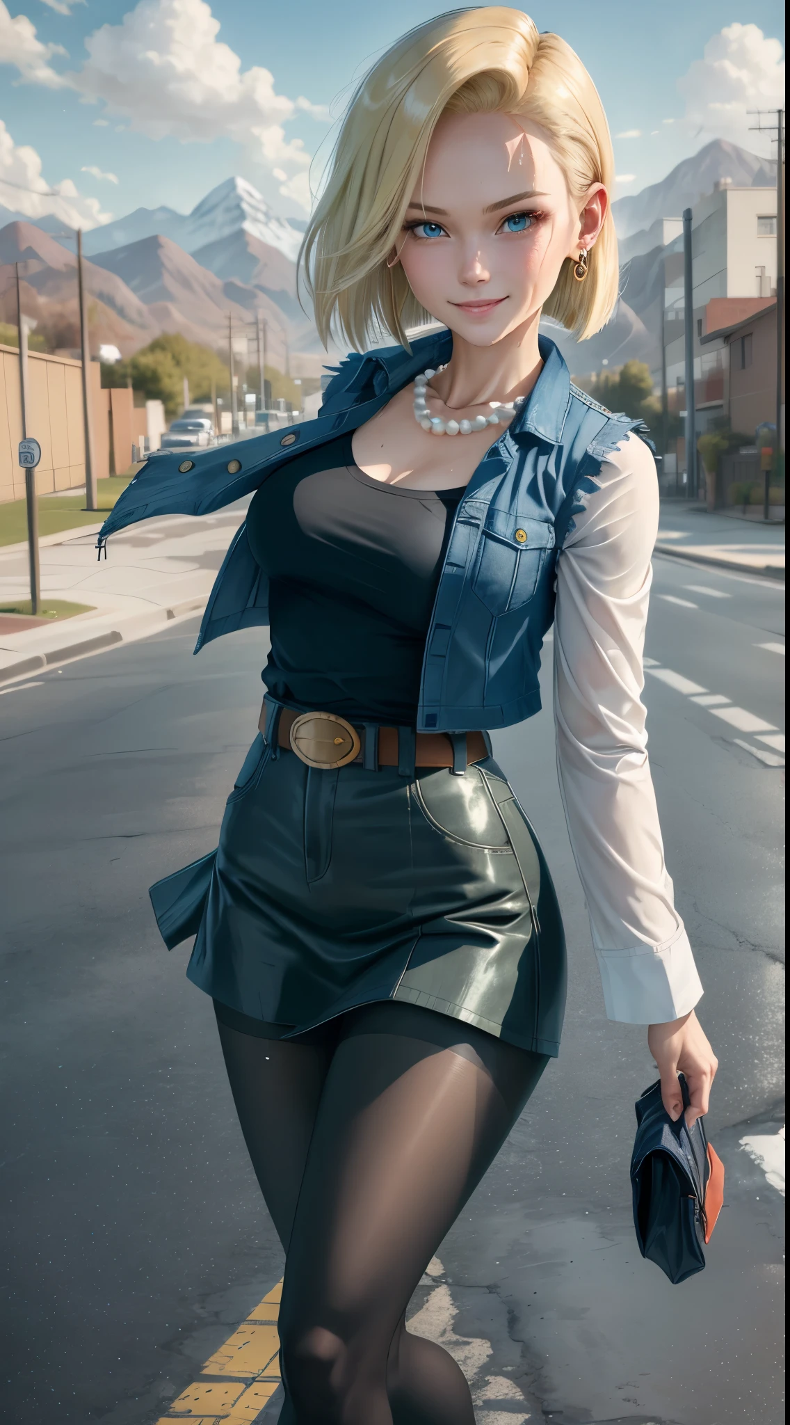 best quality, highres, and18, 1girl, android 18, solo, blonde hair, blue eyes, belt, demin skirt, pearl_necklace, bracelet, black gloves, black shirt, short hair, long sleeves, earrings, blue skirt, open vest, denim vest, medium breasts, cowboy shot, street, straight-on, (weather: windy), wet clothes, sexy smile, mountain view, walking, full length pantyhose,
