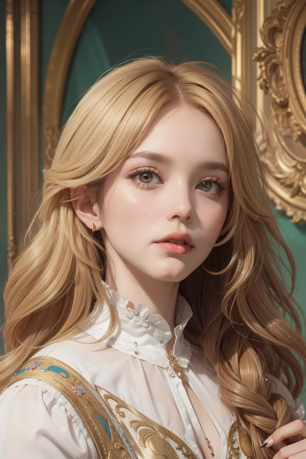 Facial portrait of a European woman, Long curly hair, blonde hair, flower frame, Decorative plates, Abstractionism, Alphonse Mucha (masterpiece, best quality, high resolution: 1.4), detailed, intricate details, 4K, splash of color, line art, Fibonacci, (look up)
