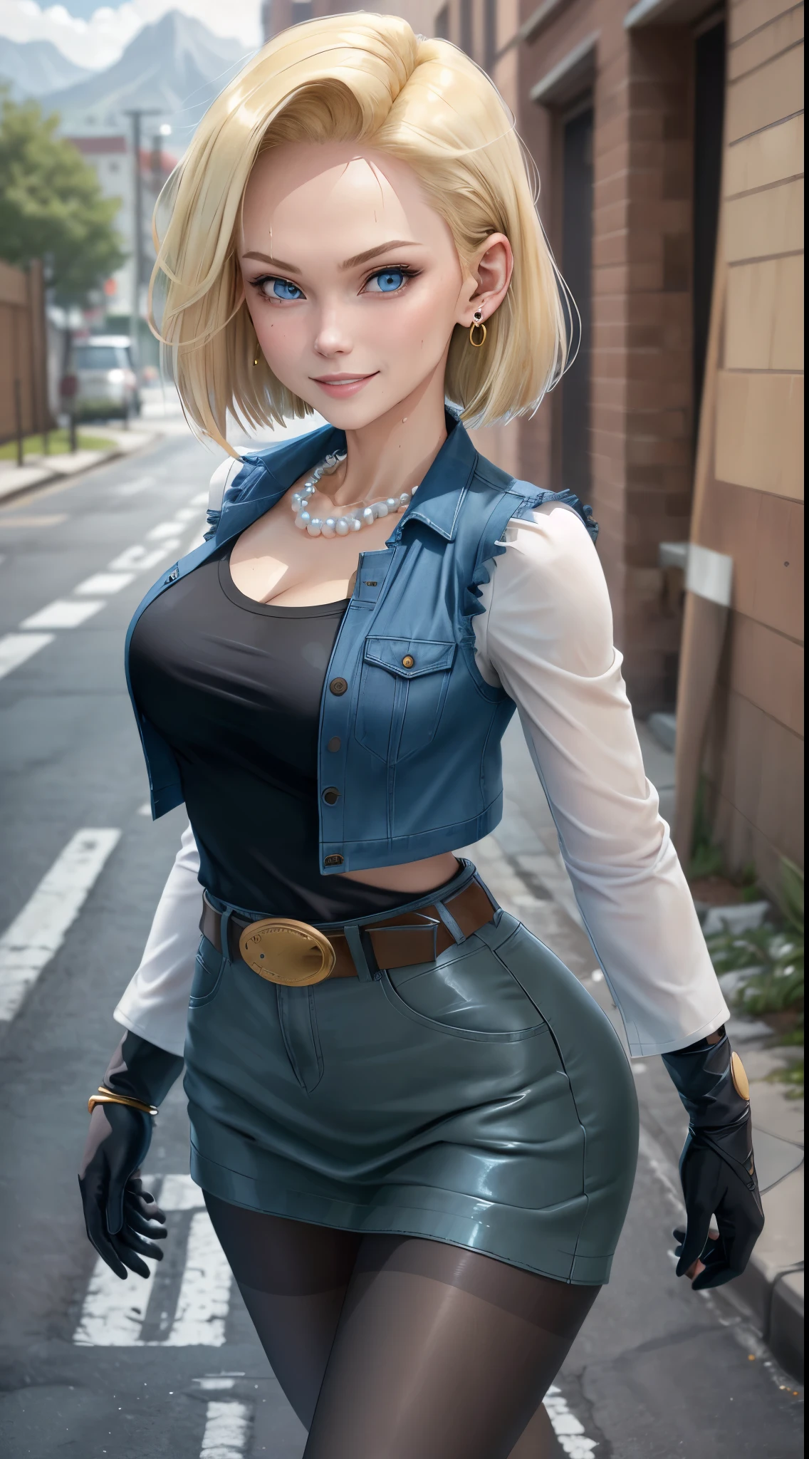 best quality, highres, and18, 1girl, android 18, solo, blonde hair, blue eyes, belt, demin skirt, pearl_necklace, bracelet, black gloves, black shirt, short hair, long sleeves, earrings, blue skirt, open vest, denim vest, medium breasts, cowboy shot, street, straight-on, (weather: windy), wet clothes, sexy smile, mountain view, walking, full length pantyhose,