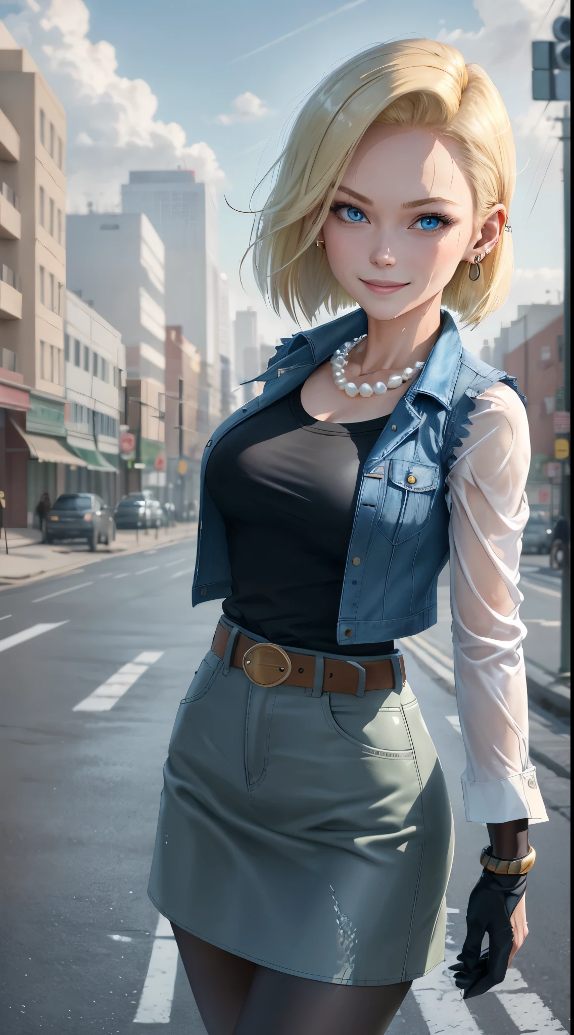 best quality, highres, and18, 1girl, android 18, solo, blonde hair, blue eyes, belt, demin skirt, pearl_necklace, bracelet, black gloves, black shirt, short hair, long sleeves, earrings, blue skirt, open vest, denim vest, medium breasts, cowboy shot, street, straight-on, (weather: windy), wet clothes, sexy smile, mountain view, walking, full length pantyhose,