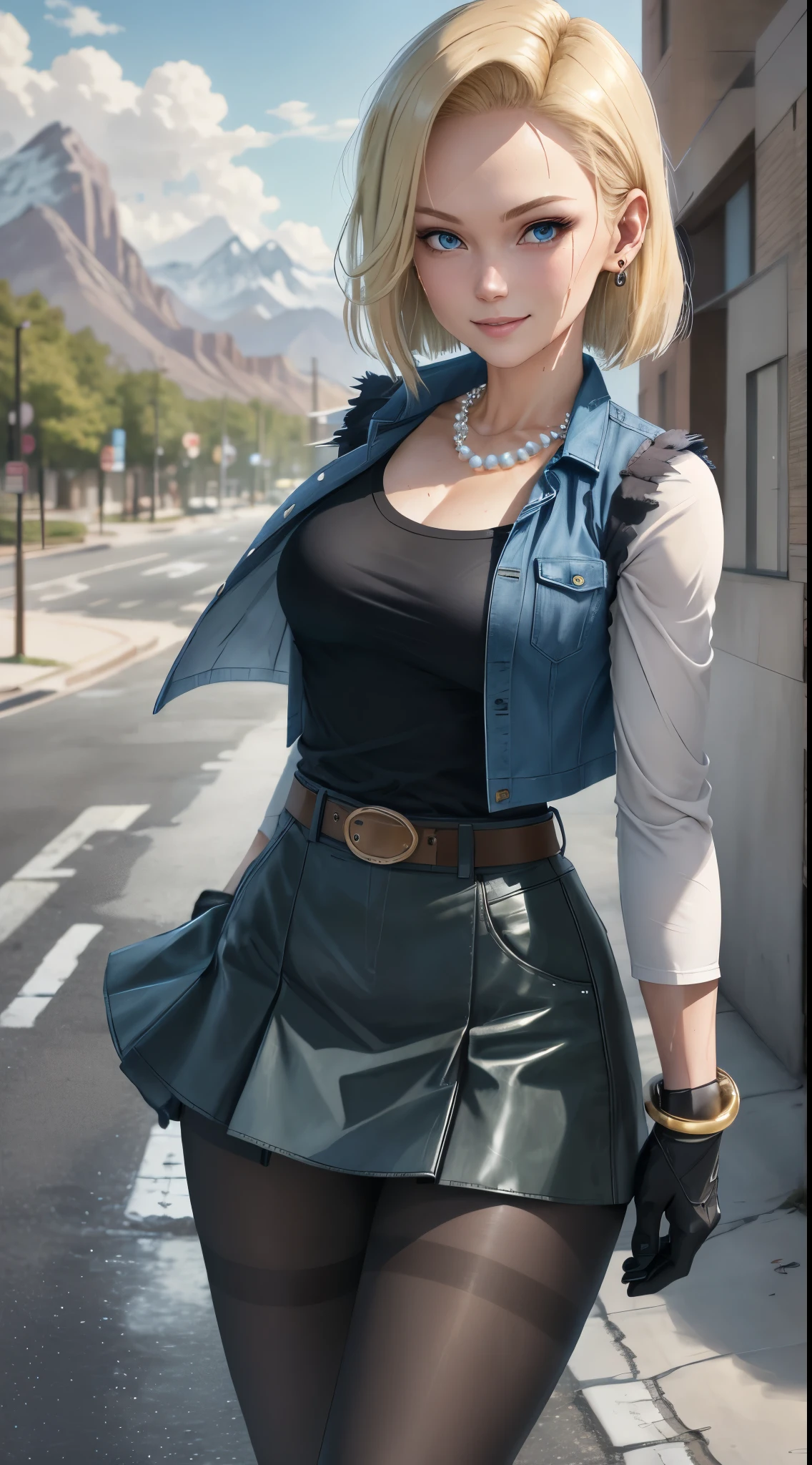 best quality, highres, and18, 1girl, android 18, solo, blonde hair, blue eyes, belt, demin skirt, pearl_necklace, bracelet, black gloves, black shirt, short hair, long sleeves, earrings, blue skirt, open vest, denim vest, medium breasts, cowboy shot, street, straight-on, (weather: windy), wet clothes, sexy smile, mountain view, walking, full length pantyhose,