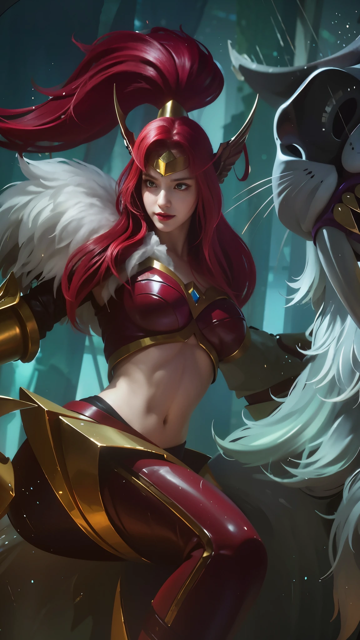 (photorealistic:1.4), best quality, masterpiece, ultra high res, 1girl, (detailed face:1.2), (detailed eyes:1.2), (detailed hair:1.2), (detailed clothes:1.2), 4k, (detailed color:1.2),5), (female:1.2), 8k, ultra hd, ultra detailed texture, hyper realistic, masterpiece, detailed texture, detailed face, detailed skin, detailed lighting, (photorealistic:1.5), best quality, beautiful lighting, cinematic lighting, professional lighting, ultra highres, realistic, detailed hair, real hair, high quality, (realskin:1.5), extremely detailed, finely detail, ultra-detailed, 1girl, solo, floating, (red eyes:1.5), fire eyes, glowing eyes, black lips, v-shapped eyes, closed mouth, angry, colored skin, dark skin, purple skin, nose, pretty, beautiful, make up, cute face, evil smile, short hair, red hair bangs, large breasts, thigh, pauldrons, black pants, belt, purple coat, mechanical wings, armor shoulder, gloves, eudora \(mobile legends\), depth of field, looking aways, skin tight, amazing pose, glowing electric, lighting, blurry background