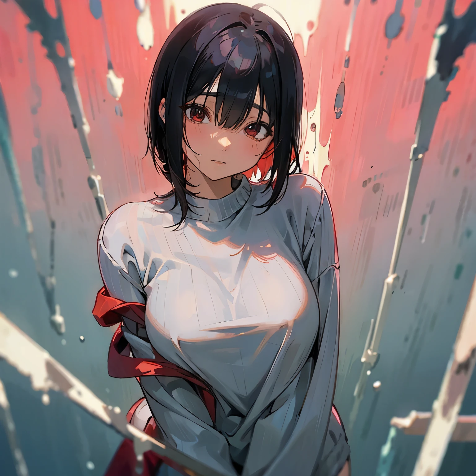 Black hair bob Casual clothes Red eyes Watery eyes