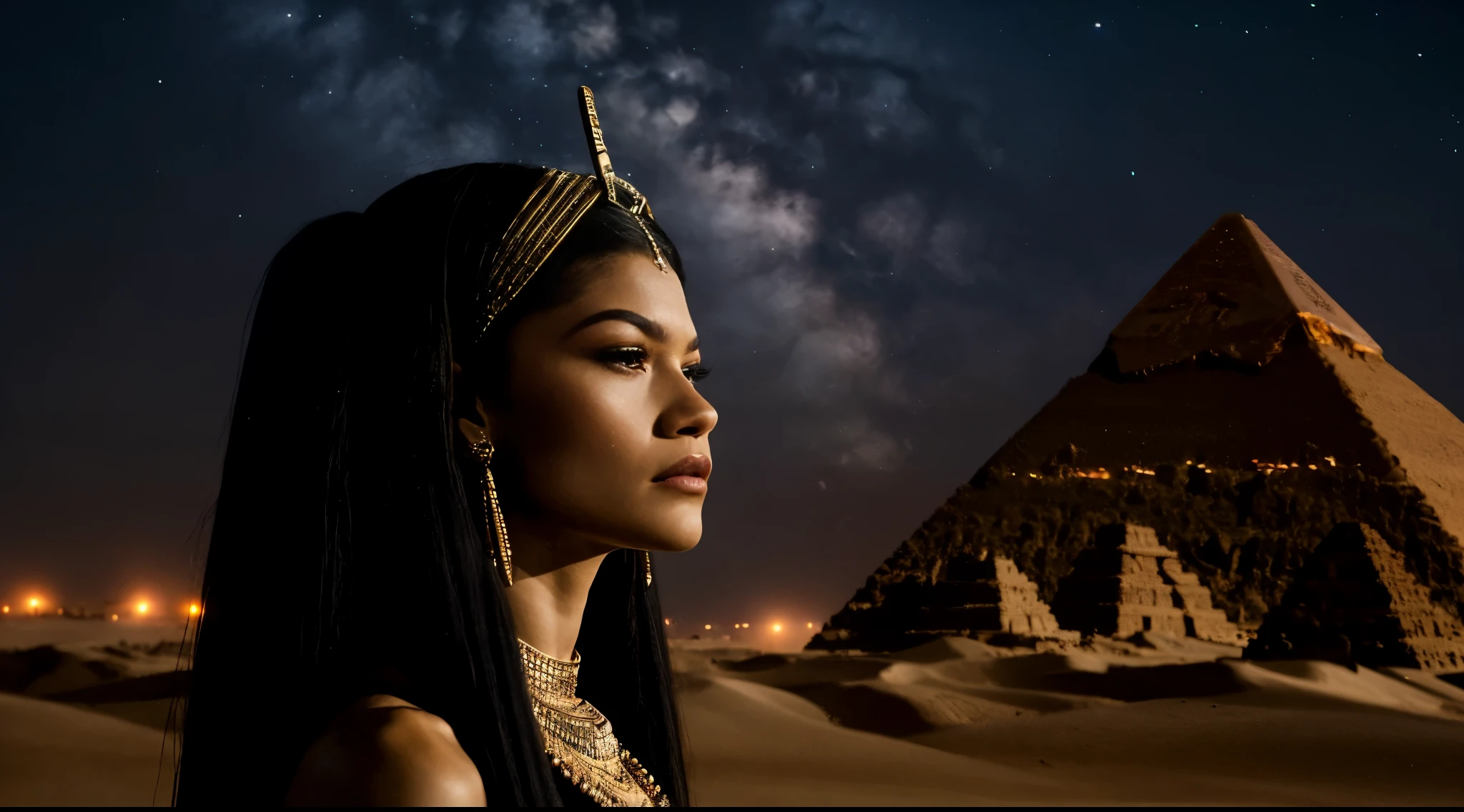 zendaya portrayed as Cleopatra, scared, meeting the god anubis egyptian pyramids background, night light phophotorealistic portrait, dramatic, cinematic, 4k resoltion, hyperdetailed, dramatic scene, full body angle,