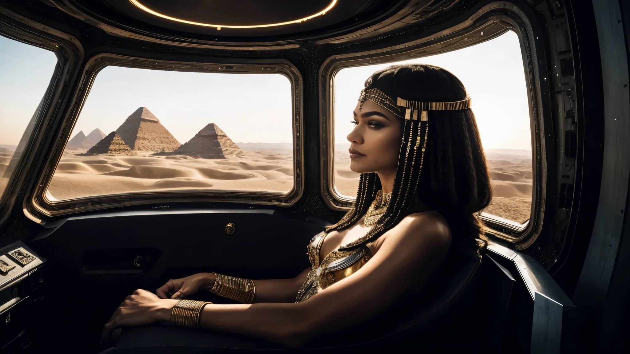 zendaya portrayed as Cleopatra, inside a spaceship, inside a spaceship, looking at ancient Egypt through the window,daylight phophotorealistic portrait, dramatic, cinematic, 4k resoltion, hyperdetailed, dramatic scene, full body angle,
