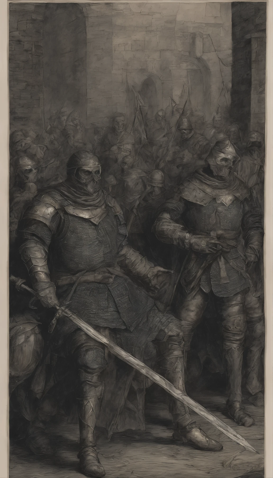 Strong Men, full metal amored, using twohanded sword each hand, dawn,