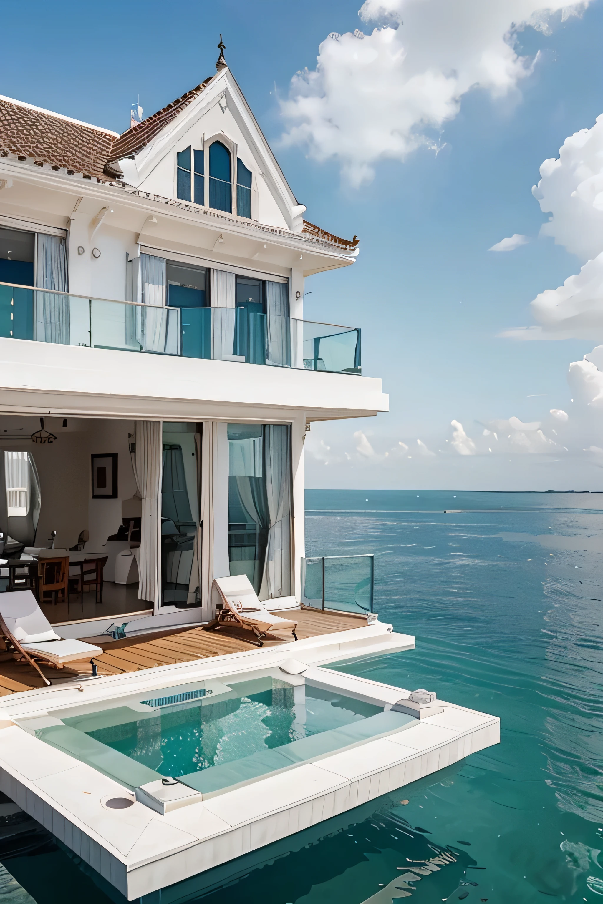 a floating mansion at sea, cor branca, com piscina e grandes janelas