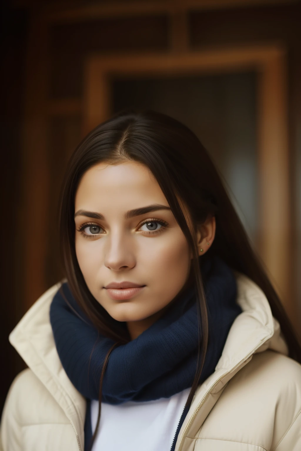 Huelva, Spain, 2002. ((((20-year-old)) Inés)), piercing light eyes, talking on a phone in a winter lodge location. ((((casual winter clothings from the 2000s)))), ((hairstyle of the 2000s))