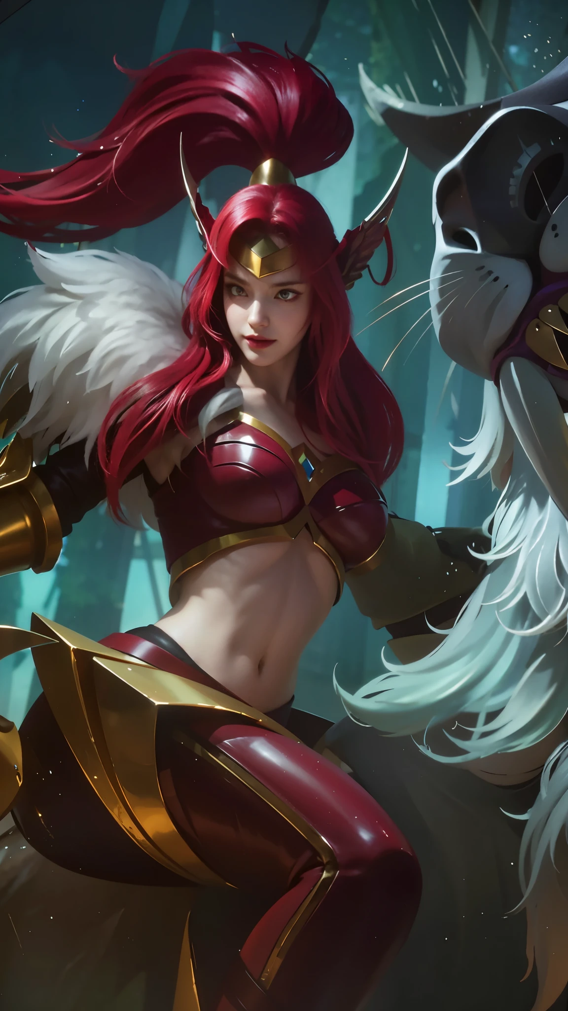 (photorealistic:1.4), best quality, masterpiece, ultra high res, 1girl, (detailed face:1.2), (detailed eyes:1.2), (detailed hair:1.2), (detailed clothes:1.2), 4k, (detailed color:1.2),5), (female:1.2), 8k, ultra hd, ultra detailed texture, hyper realistic, masterpiece, detailed texture, detailed face, detailed skin, detailed lighting, (photorealistic:1.5), best quality, beautiful lighting, cinematic lighting, professional lighting, ultra highres, realistic, detailed hair, real hair, high quality, (realskin:1.5), extremely detailed, finely detail, ultra-detailed, 1girl, solo, floating, (red eyes:1.5), fire eyes, glowing eyes, black lips, v-shapped eyes, closed mouth, angry, colored skin, dark skin, purple skin, nose, pretty, beautiful, make up, cute face, evil smile, short hair, red hair bangs, large breasts, thigh, pauldrons, black pants, belt, purple coat, mechanical wings, armor shoulder, gloves, eudora \(mobile legends\), depth of field, looking aways, skin tight, amazing pose, glowing electric, lighting, blurry background