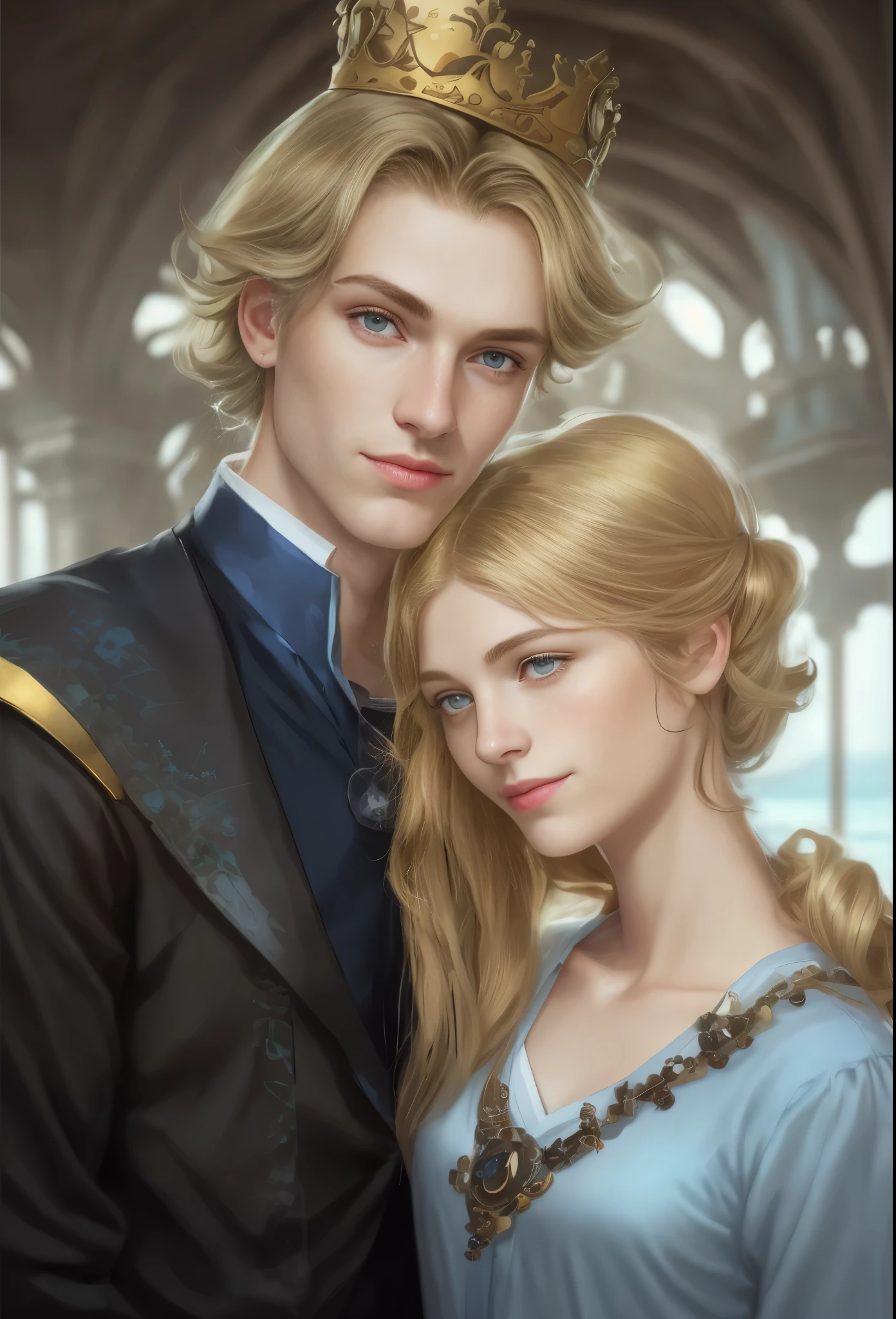 High resolution, brunette girl and blonde guy, 15 years old, 30 years old, yellow eyes, pattern of stones on the face from forehead to temples, brunette, temples slightly shaved, long black hair pulled back in a ponytail, temples slightly shaved, dressed in a silk shirt and loose trousers, bright blue eyes, portrait, the sea in the background, seagulls, realism, fantasy