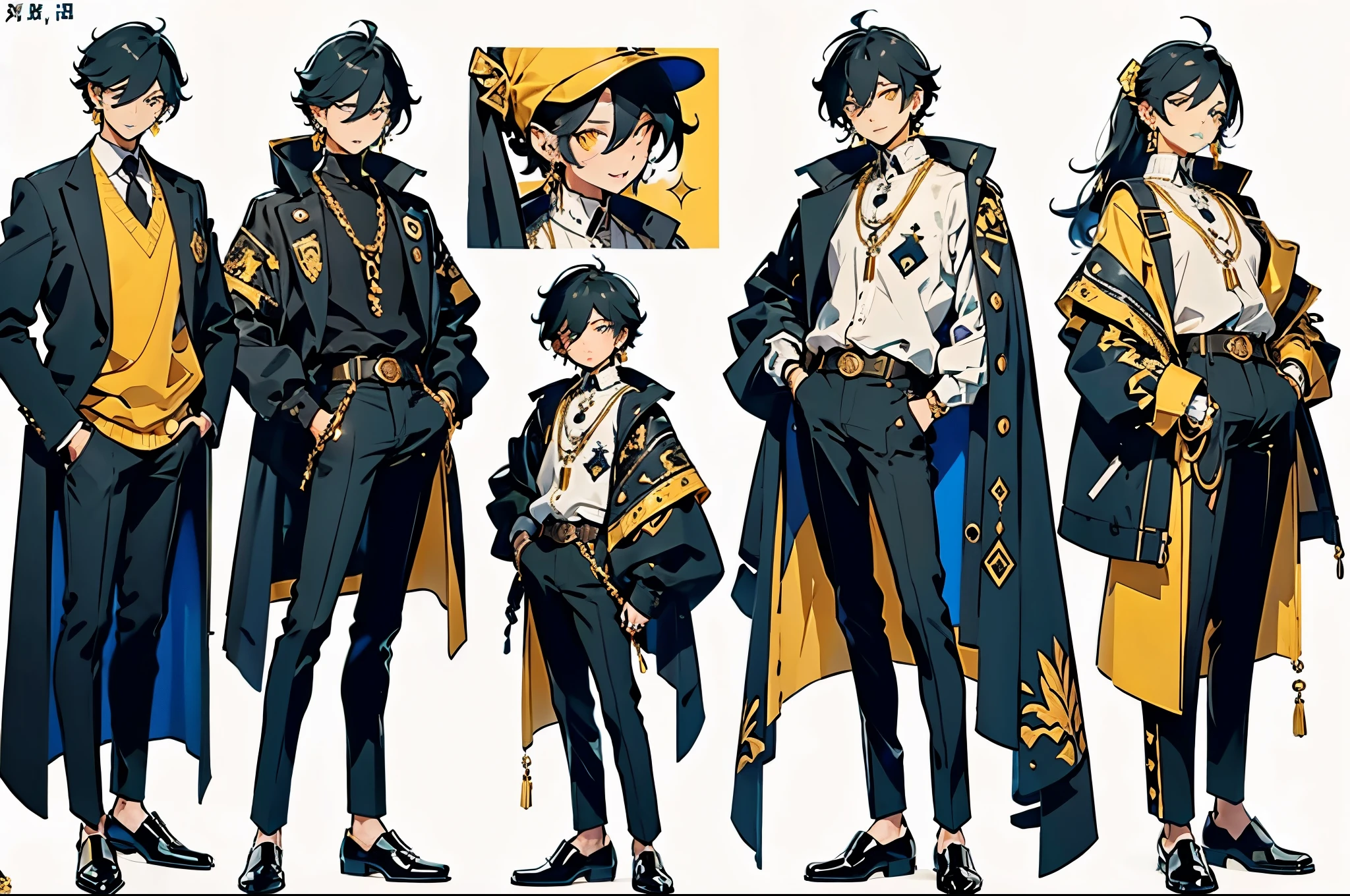 Character OC design, the same person multi-angle painting, multi-angle painting, the theme color is violet, the best picture quality, boy, tall and thin, long legs, handsome, white skin, clothes in white and black colors, gold embroidery on trousers, crystal earrings long earrings, short hair, hair pulled into a small ponytail, thoughtful, intellectual, handsome, detailed face, beautiful eyes, beautiful lips, yellow eyes, detailed clothes, many small details, smiles, sharp teeth, the background is pure white, simple background, bright colors, bright eyes, men's black patent leather shoes, gold cufflinks, thin gold chains on trousers,detailed face, super detailed face, high quality, extremely detailed, （Male characters:1.2),(Boy:1.2), ((Character design)),(Different expressions for the same character:0.8),Pubic area is clear,hyper HD, Exquisite