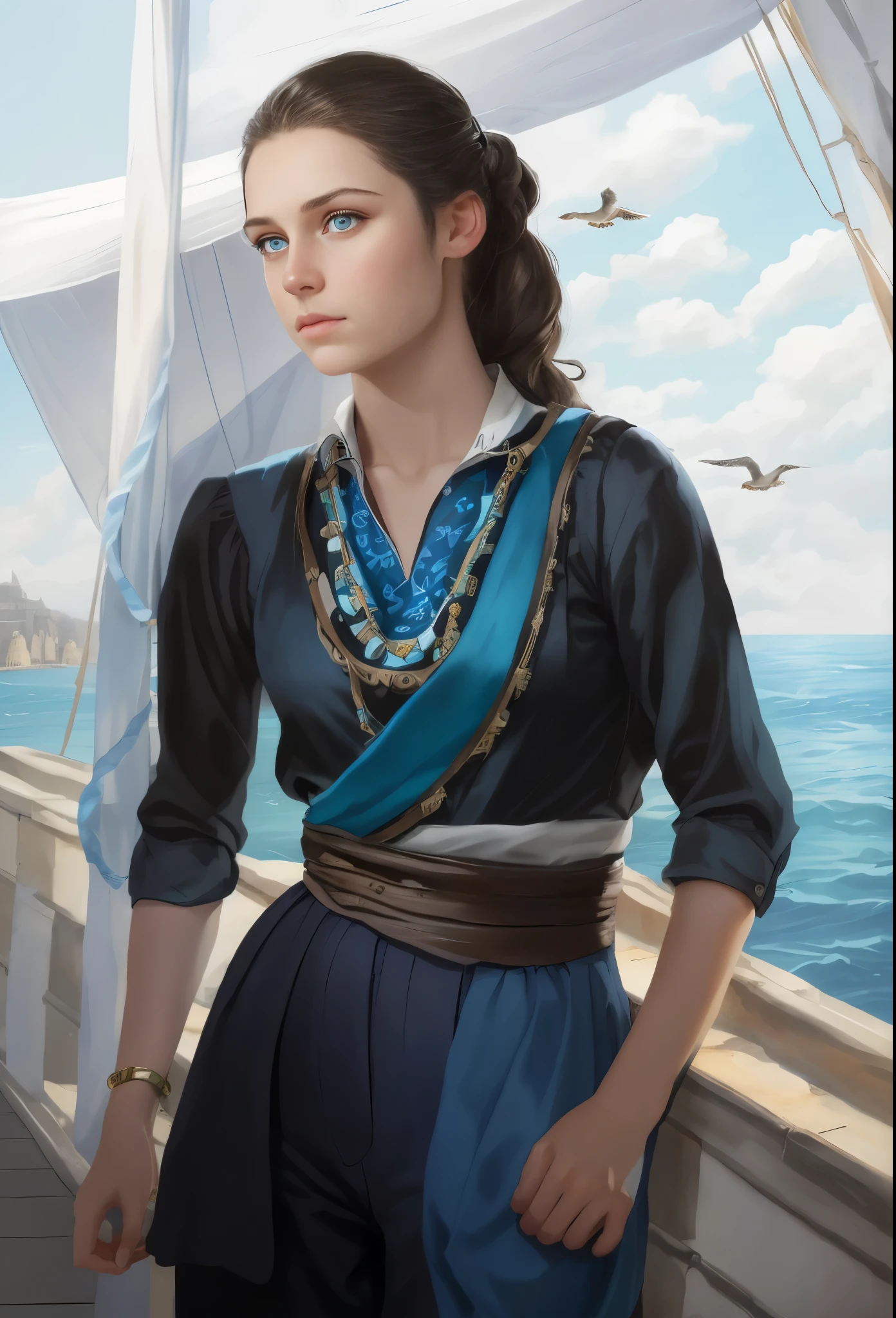 High resolution, brunette girl, , bright blue eyes, pattern of stones on her face along the forehead to the temples, Brunette, temples slightly shaved, long black hair pulled back in a ponytail, temples slightly shaved, dressed in a silk shirt and loose trousers, bright blue eyes, portrait, the sea in the background, seagulls, realism, fantasy