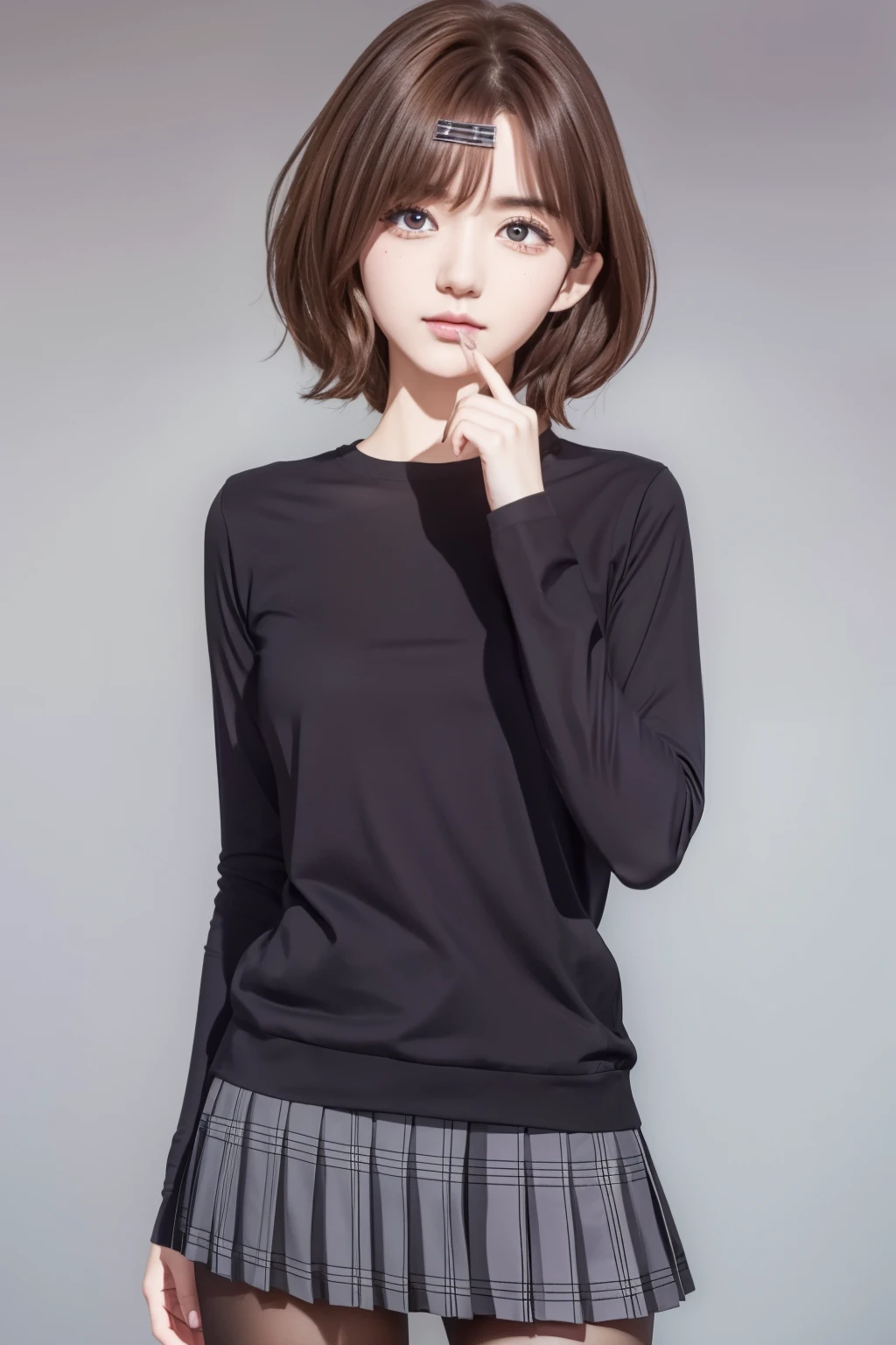 madokahiguchi, madoka higuchi yd, brown hair, eyebrows hidden by hair, grey background, hair ornament, hairclip, mole, mole under eye, (purple eyes:1.1), short hair, wavy hair,
BREAK black pantyhose, black shirt, pantyhose, plaid, plaid skirt, pleated skirt, school uniform, shirt, skirt,
BREAK indoors, bed,
BREAK looking at viewer, (cowboy shot:1.5),
BREAK (masterpiece:1.2), best quality, high resolution, unity 8k wallpaper, (illustration:0.8), (beautiful detailed eyes:1.6), extremely detailed face, perfect lighting, extremely detailed CG, (perfect hands, perfect anatomy),