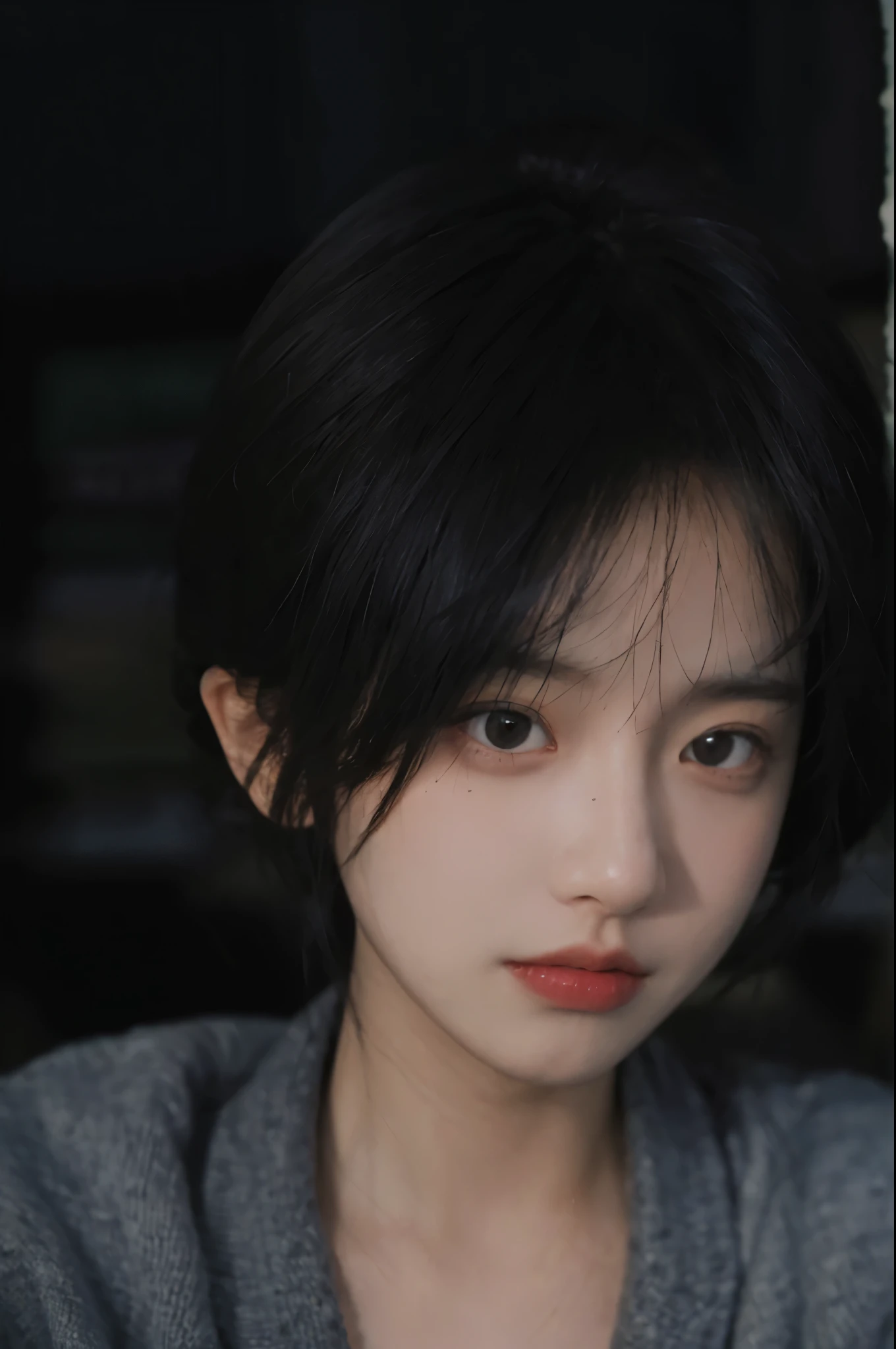 best quality, masterpiece, ultra high resolution, (realistically:1.5), RAW photos, 1 girl, in the dark night, deep shadow, low pitch, cold light, sexy look, messy short hair