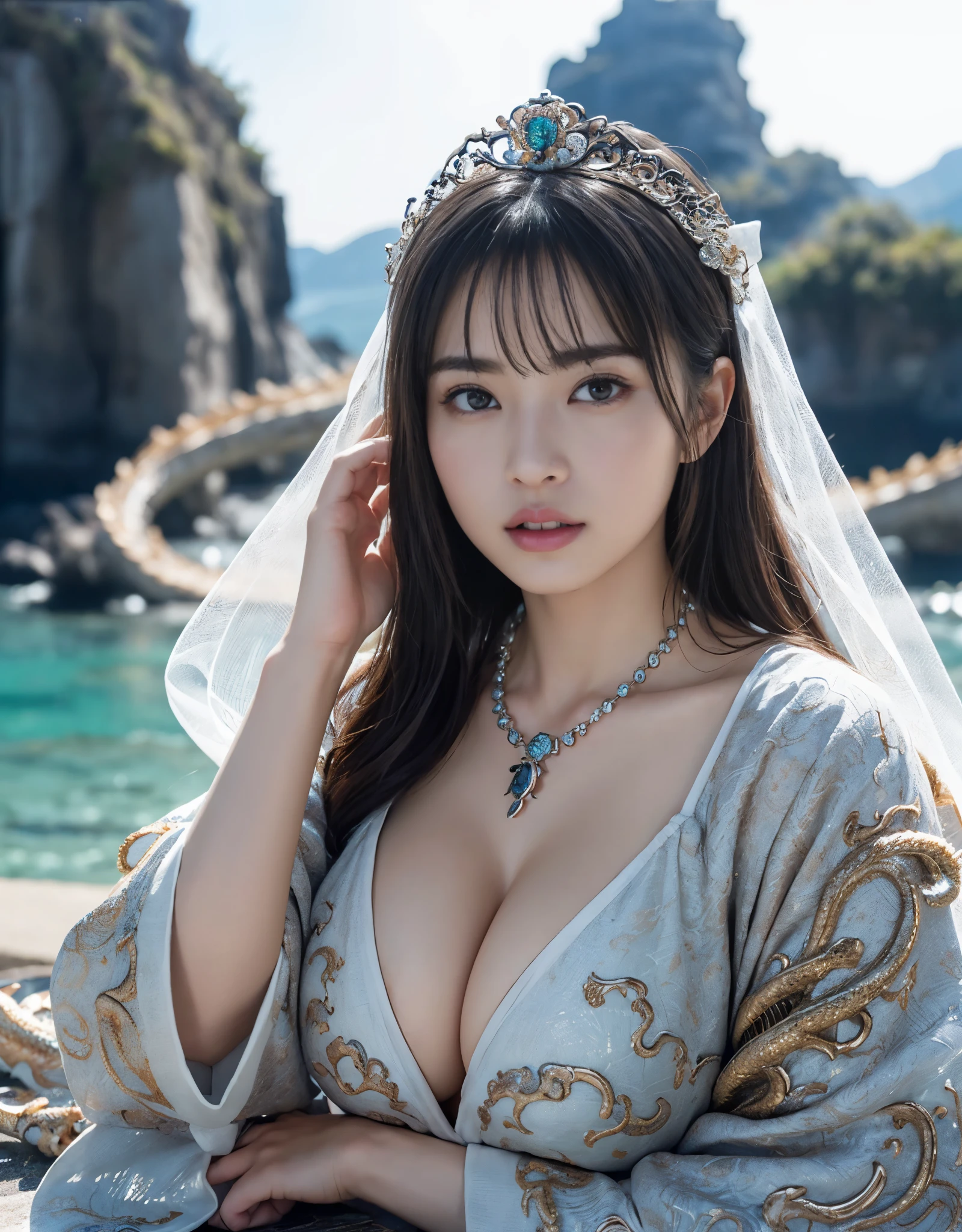 (extremely heavy breasts)、highest quality、masterpiece、ultra high resolution、（white dragon armor）、(((Metal製))),(((big breasts)))、(((Detailed revealing white micro bikini))),(she wears a beautiful crown e of precious stones.),(Photoreal:1.4)、RAW photo、1 girl、(((random hair))、(((color々take a pose)))、glowing skin、(((black chinese dragon)))、intricate and gorgeous hair ornaments、（Looks like a gorgeous jewelry necklace）、（someone who looks at you calmly, Eyes like a goddess.）happiness:1.2)、（metal bikini background)).((beautiful sea background))、cliff、(ruins background)、((Super realistic details))、portrait、global illumination、（sexse）、Shadow、octane rendering、16K、big breasts、Raw skin exposed in the cleavage、Metal、intricate decorative details、Japan details、very intricate details、realistic light、CG Society Trenlow Eyes、Eyes shining towards the camera、（veil）、(((heavy big))),Shining eyes shine、armpit、24K,