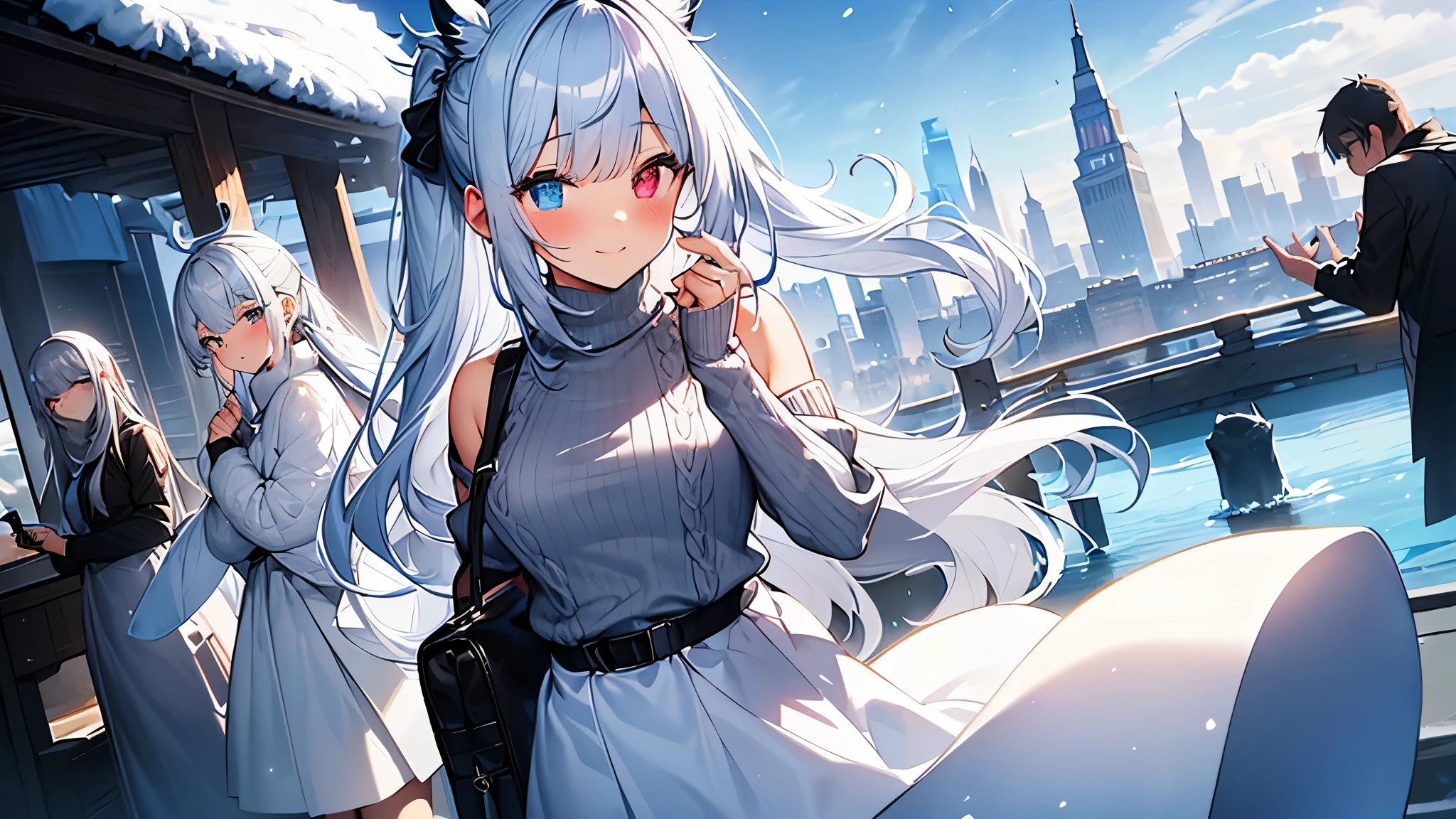 Best quality、photorealistic、super detail、delicate、orderly、high detail、bluish silver ponytail、(droopy iris of heterochromia,glowing eyes:1.4)、、10 years old、big smile、slender、full body、blurred background、(1 girl:1.2)、dynamic angle、game CG、(ice sculpture、Winter Park、frolicking girl、duffel coat、high neck sweater、long skirt:1.3),ambient occlusion、ambient light、raytraced reflections、glow、shining hair、