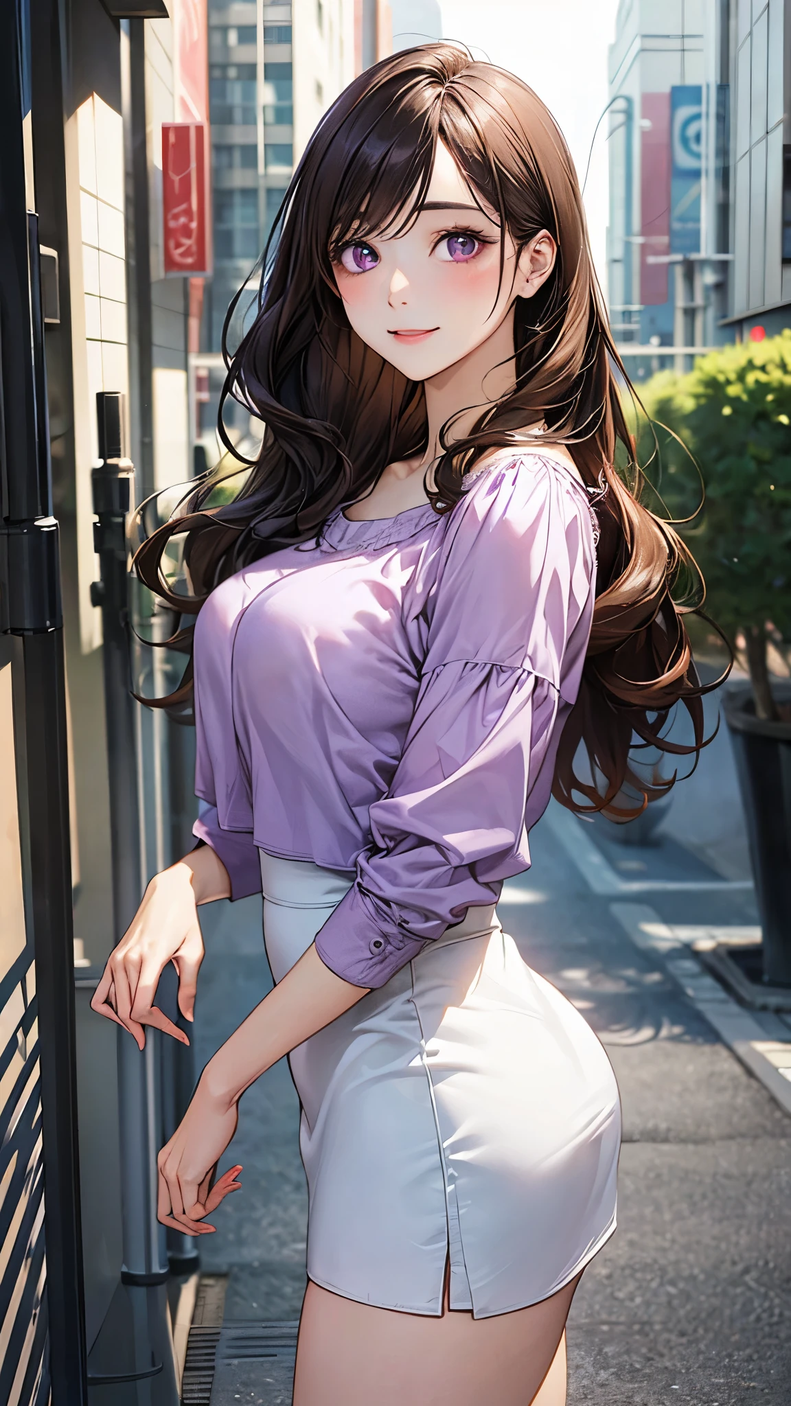 (masterpiece:1.2, top-quality), (realistic, photorealistic:1.4), beautiful illustration, (natural side lighting, movie lighting), nsfw,
looking at viewer, cowboy shot, front view:0.6, 1 girl, japanese, 24 years old , perfect face, cute and symmetrical face, shiny skin,
(long hair:1.5, wavy hair:1.4, brown hair), swept bangs, dark purple eyes, big eyes, drooping eyes, long eye lasher, (large breasts, thick thighs, big ass),
beautiful hair, beautiful face, beautiful detailed eyes, beautiful clavicle, beautiful body, beautiful chest, beautiful thigh, beautiful legs, beautiful fingers,
((light purple blouse, white tight mini skirt)),
(beautiful scenery), evening, (city street),, standing, (lovley smile, upper eyes),
