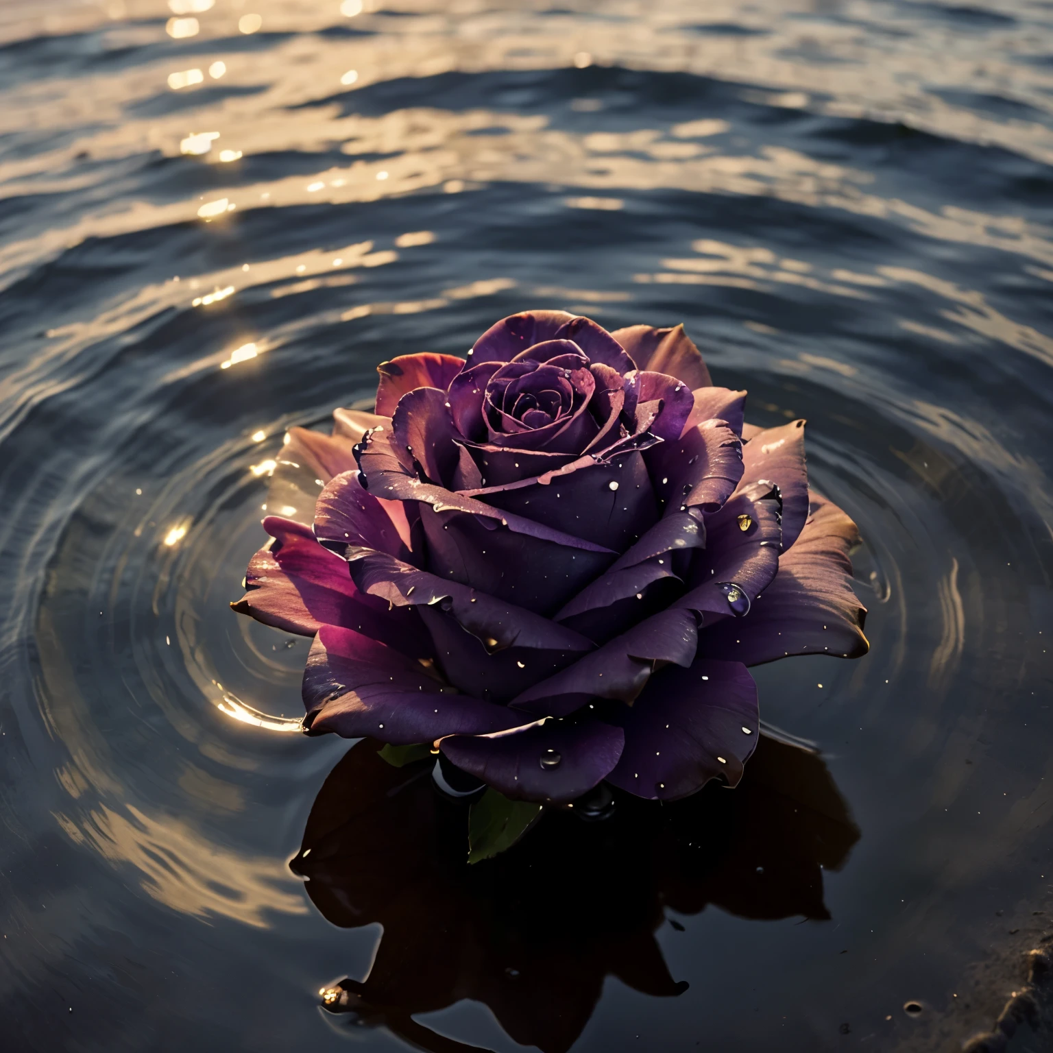 16k ultra HD, finest quality fantastic beautiful purple rose flower stem floating on water with water drops at sunset, without human, woman without,without peaple