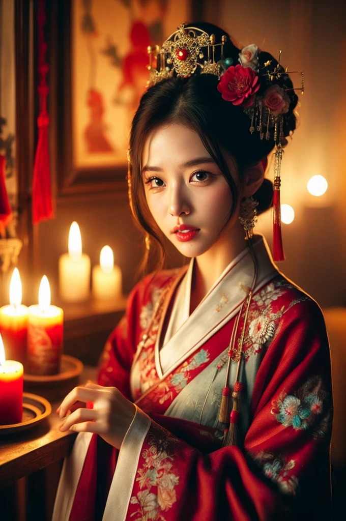 1girl, hair ornament, solo, flower, hair flower, candle, earrings, jewelry, black hair, black eyes, blurry, lips, red lips, looking at viewer, tassel, depth of field, makeup, realistic,(red_clothes:1.5),chinese clothes, floral print, cowboy shot