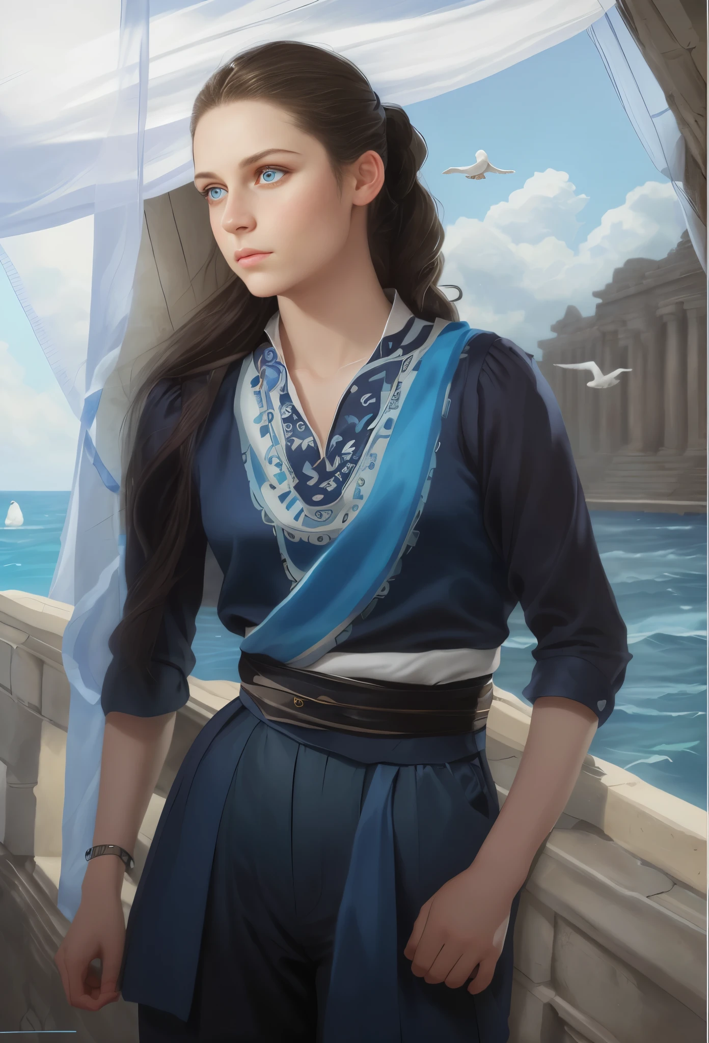 High resolution, brunette girl, , bright blue eyes, pattern of stones on her face along the forehead to the temples, Brunette, temples slightly shaved, long black hair pulled back in a ponytail, temples slightly shaved, dressed in a silk shirt and loose trousers, bright blue eyes, portrait, the sea in the background, seagulls, realism, fantasy