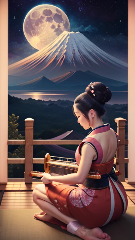 woman playing the koto,Women of the Edo period,full moon night,The moon and Mt. Fuji are in the background、I can see the castle,Japan,lonely face,war,samurai&#39;s wife,
